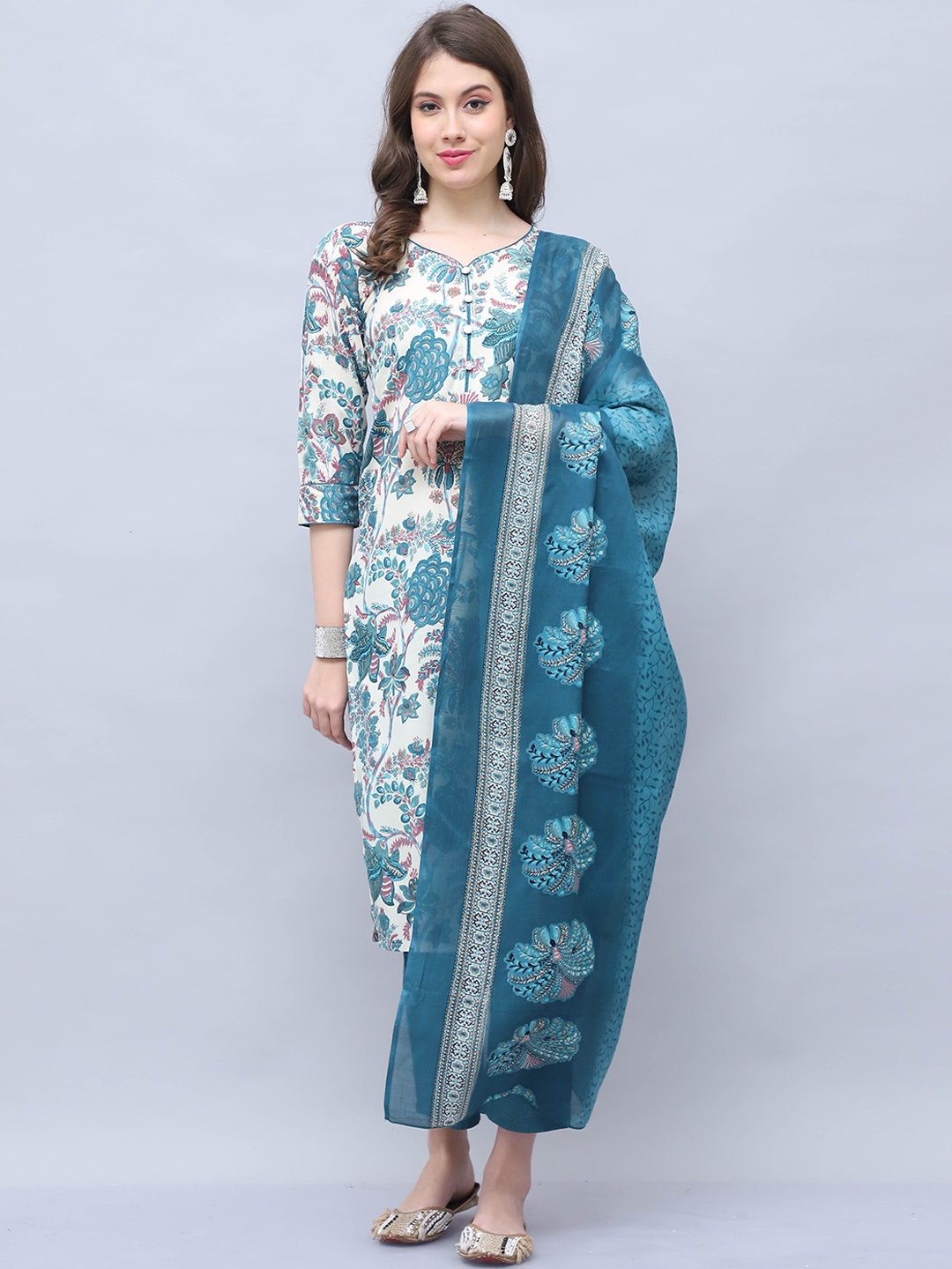 

Roly Poly Floral Printed Sweetheart Neck Straight Kurta With Trouser & Dupatta, Off white