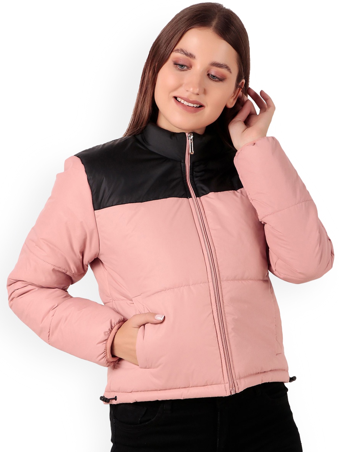 

Brazo Women Colourblocked Lightweight Crop Padded Jacket, Peach