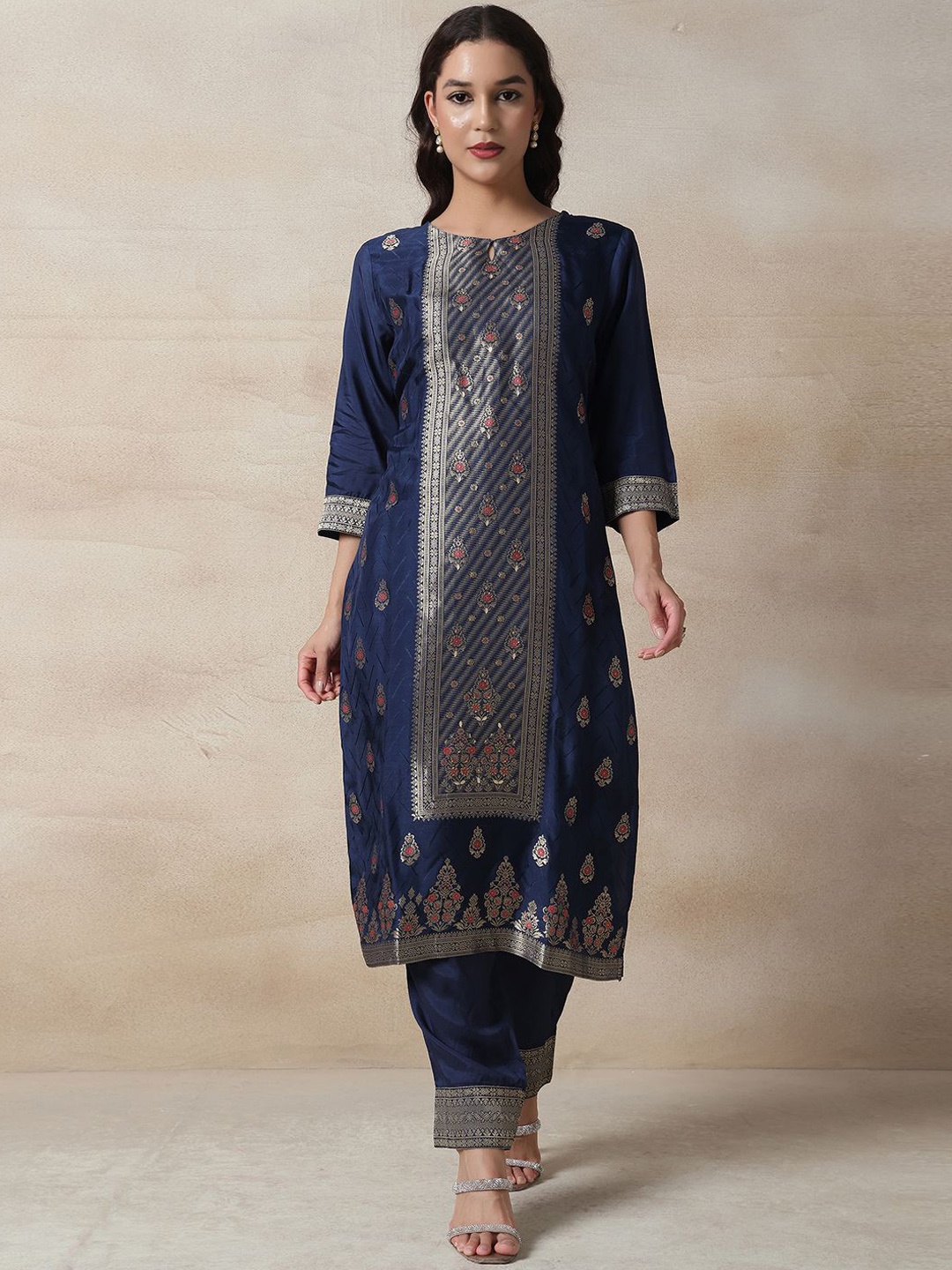 

Rang by Indya Ethnic Motifs Woven Design Straight Kurta with Trousers & Dupatta, Blue