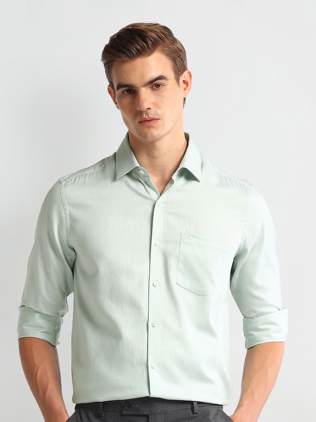 

Arrow Men Slim Fit Pinstripes Opaque Striped Formal Shirt, Green