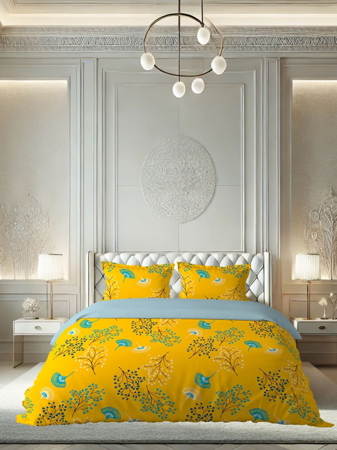 

borato Yellow & Blue Ethnic Motifs Cotton 180 TC Queen Bedsheet with 2 Pillow Covers