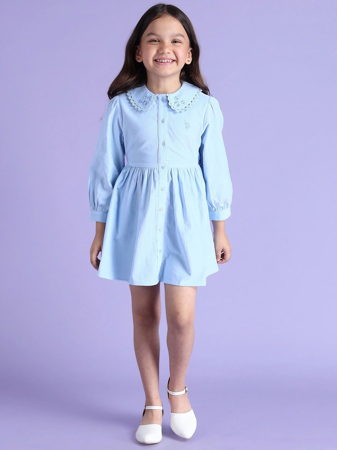 

U.S. Polo Assn. Kids Girls Peter Pan Collar Bishop Sleeve Fit & Flare Dress, Blue