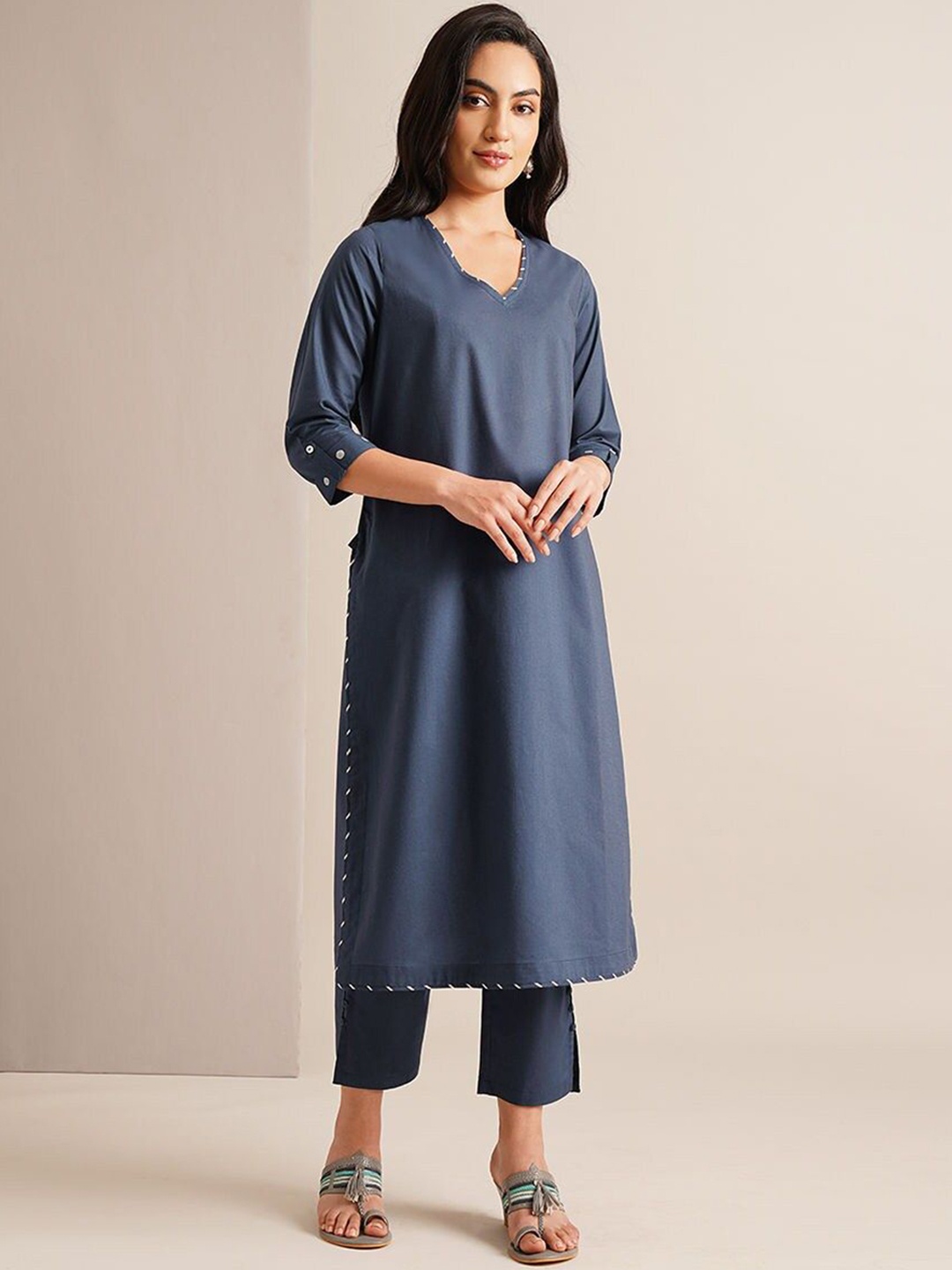 

JAYPORE Pure Cotton A-Line Kurta, Navy blue