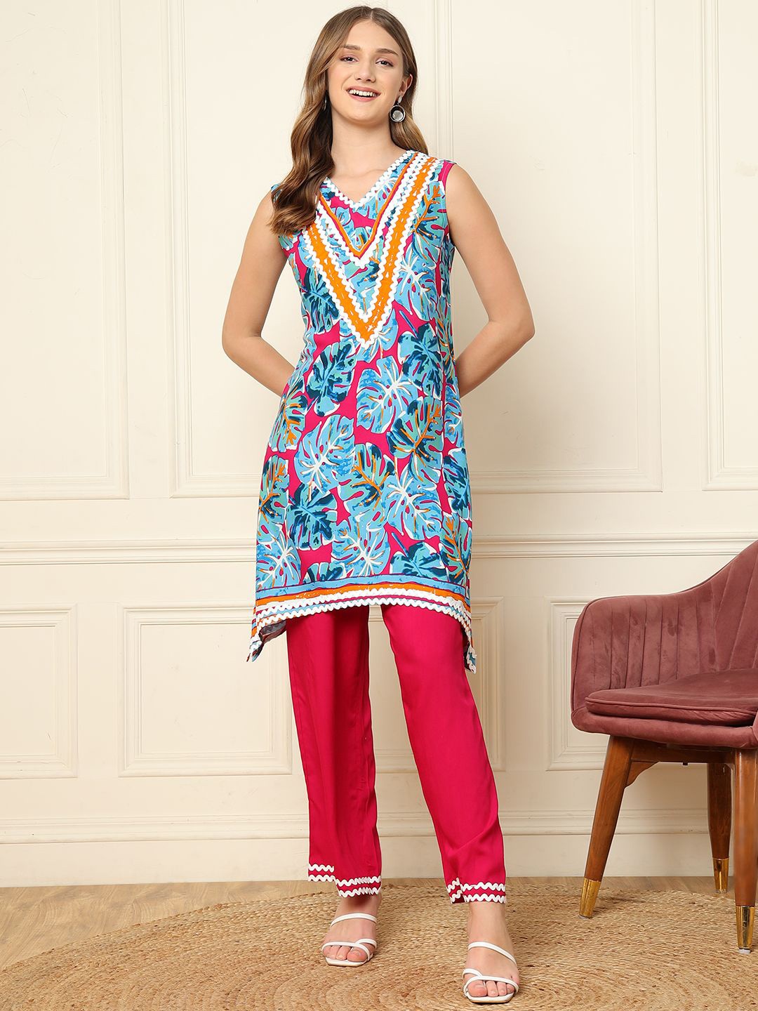 

DEEBACO Tropical Printed Tunic With Trousers, Blue