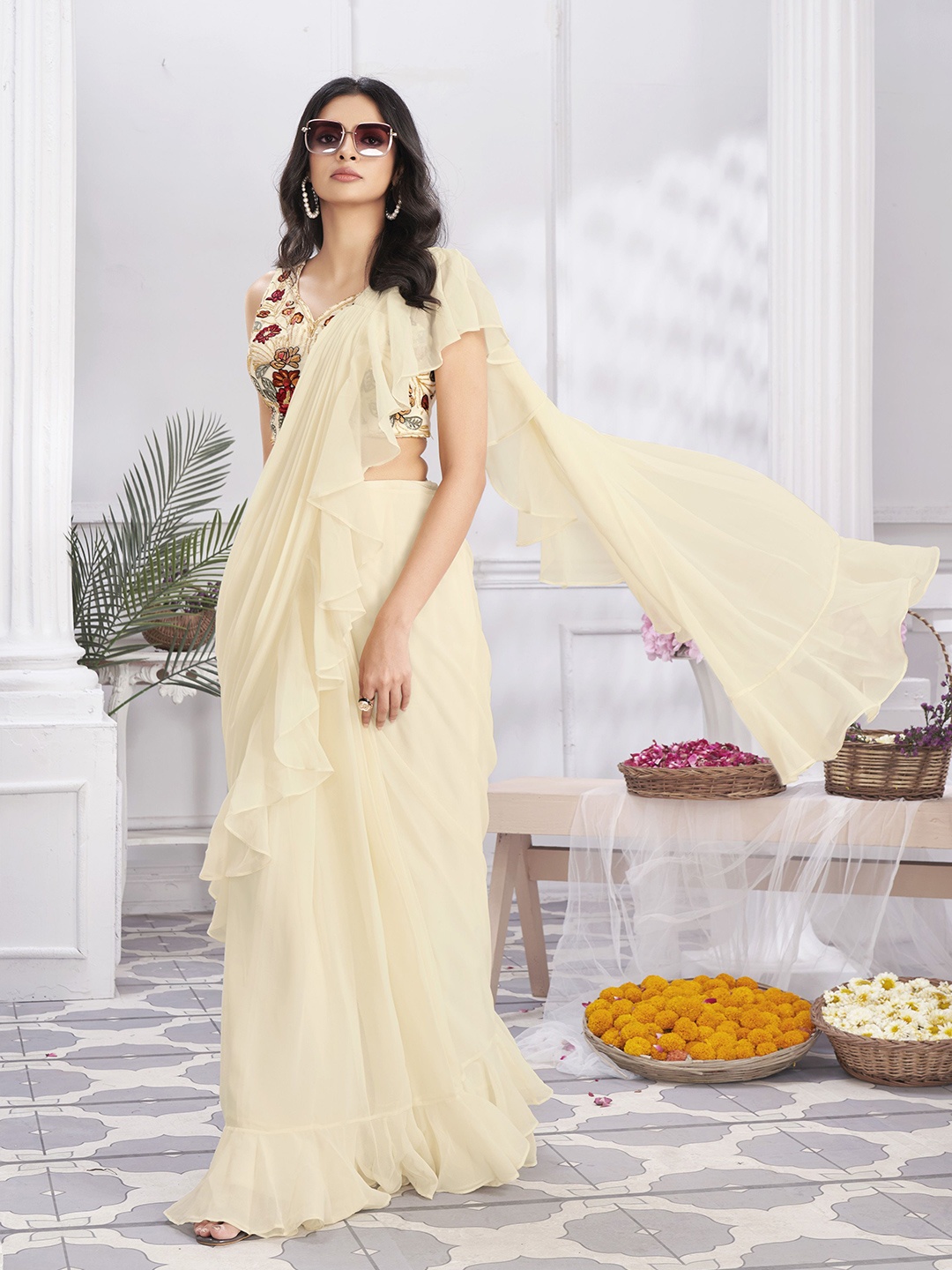 

JIVORA Pure Silk Ready to Wear Saree, Cream