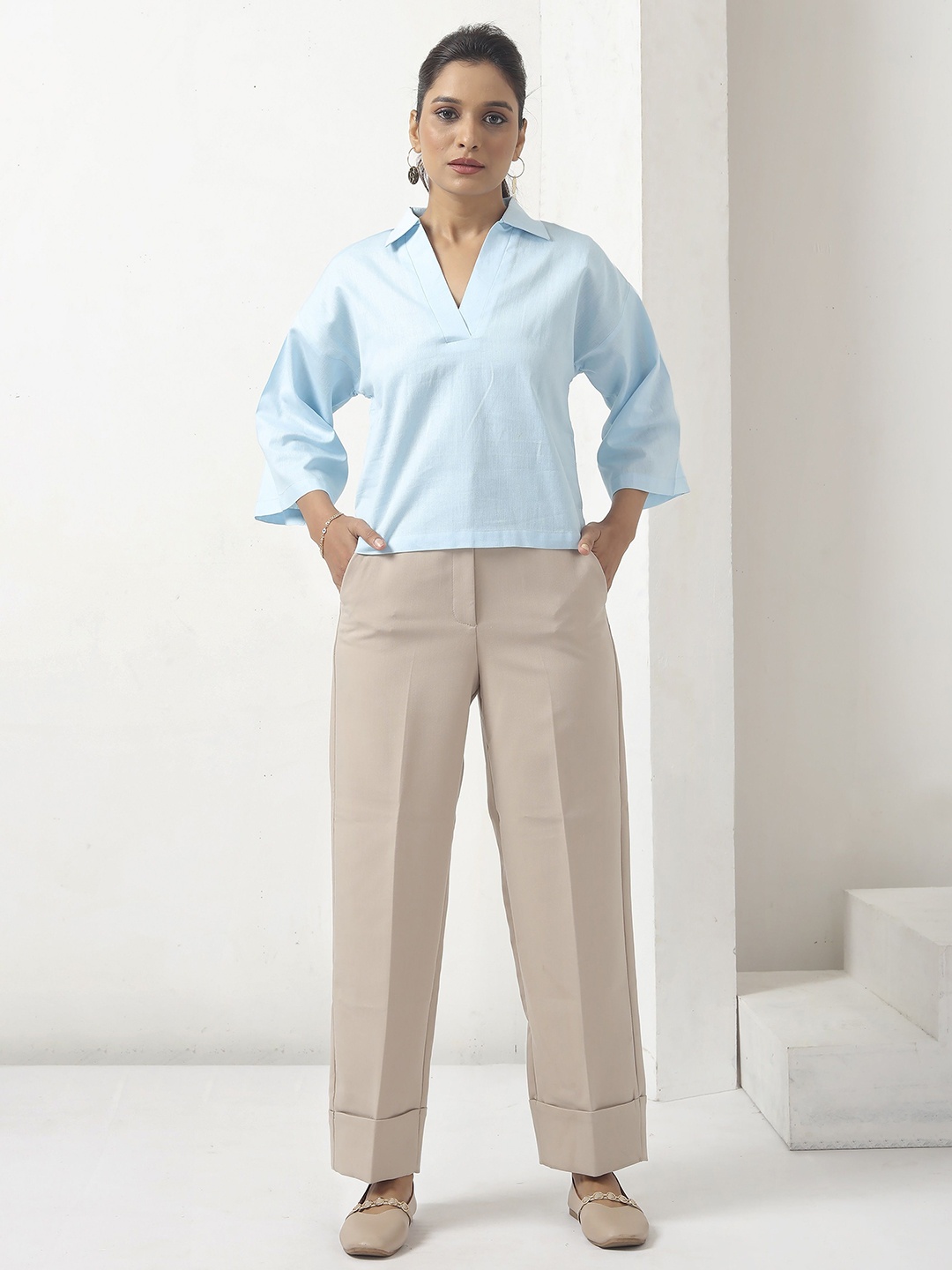 

BOONS n PERKKS Women Solid Shirt Collar Cotton Top, Blue