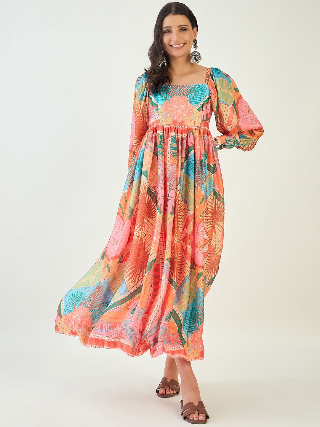 

DressBerry Women Square Neck Cuffed Sleeves Tropical Print Maxi Dress, Peach