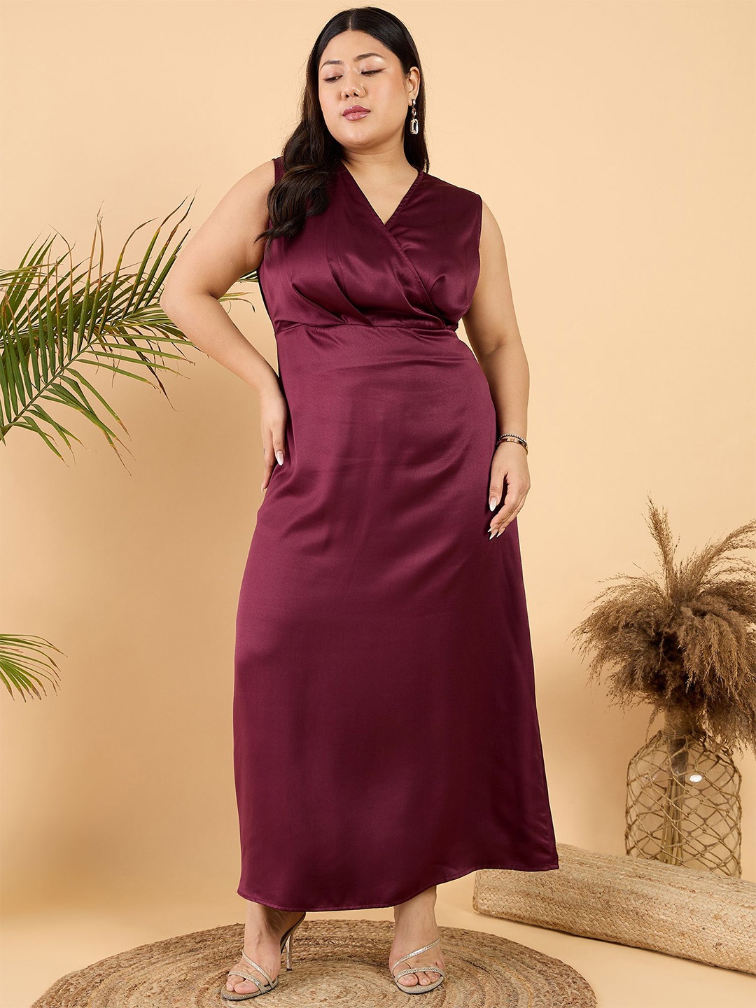 

CURVY STREET Women Satin Sheath Maxi Dress, Burgundy