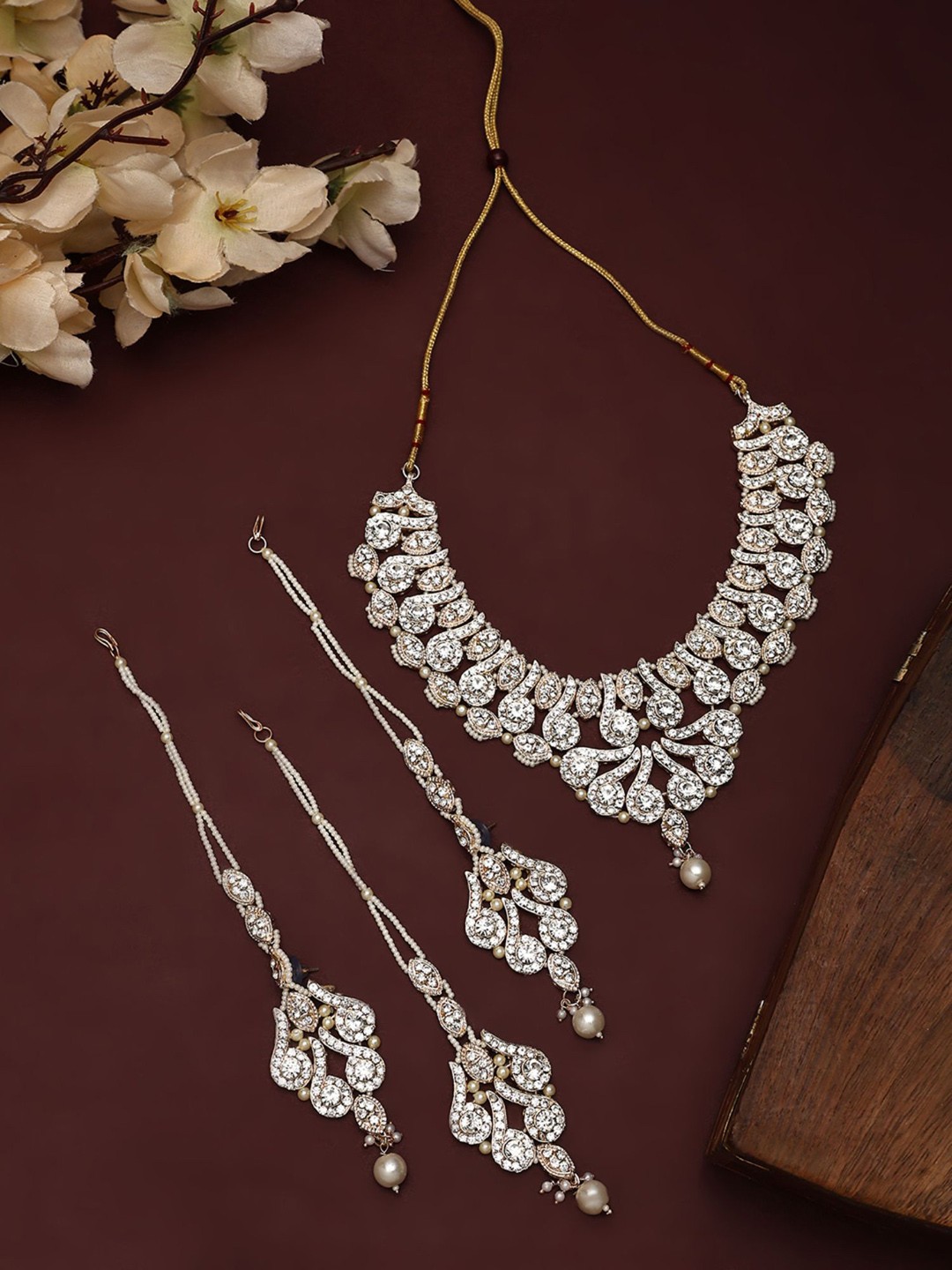 

ANIKAS CREATION Sliver-Plated Stone-Studded & Beaded Necklace & Earrings With Maang Tika, Silver