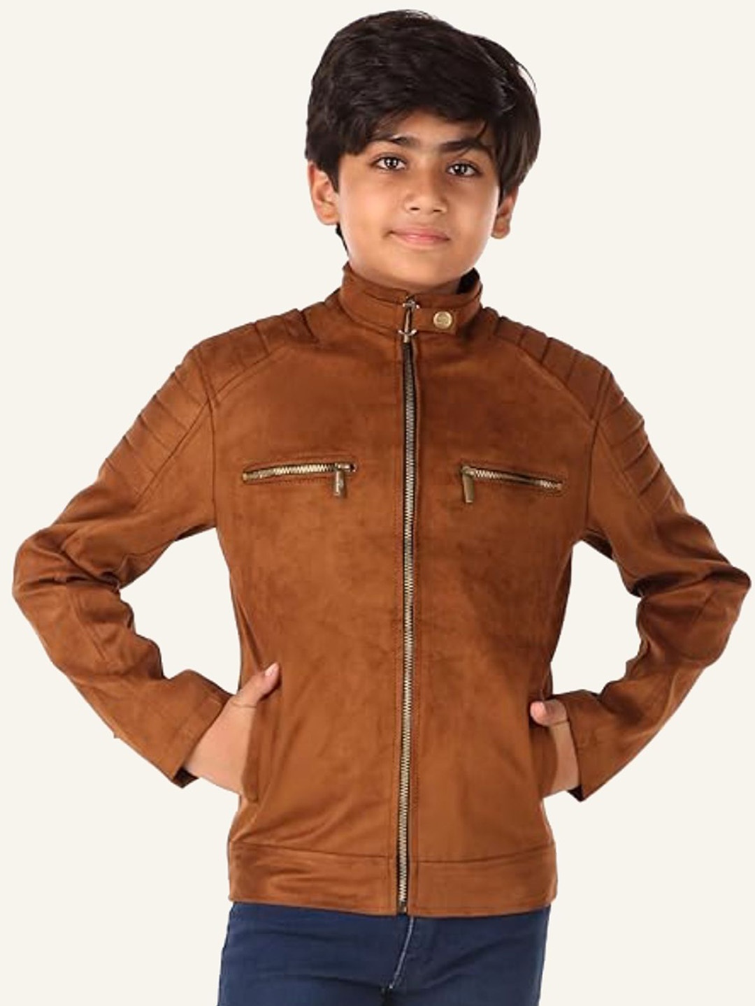 

Leather Retail Boys Mandarin Collar Zip Detail Biker Jacket, Brown