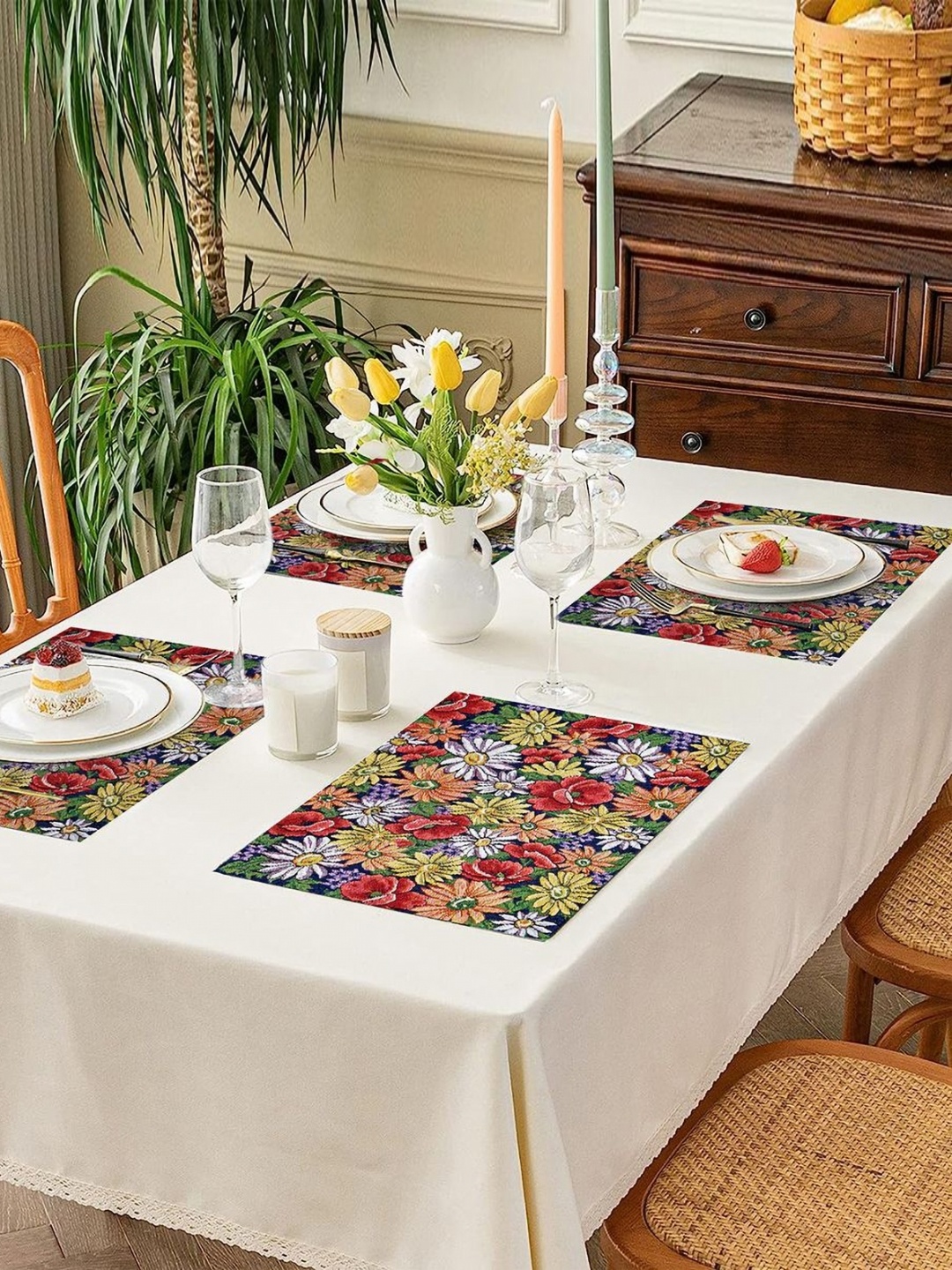 

PRAKARTIK Set of 4 Red & Green Cotton Floral Printed Dining Table Mats