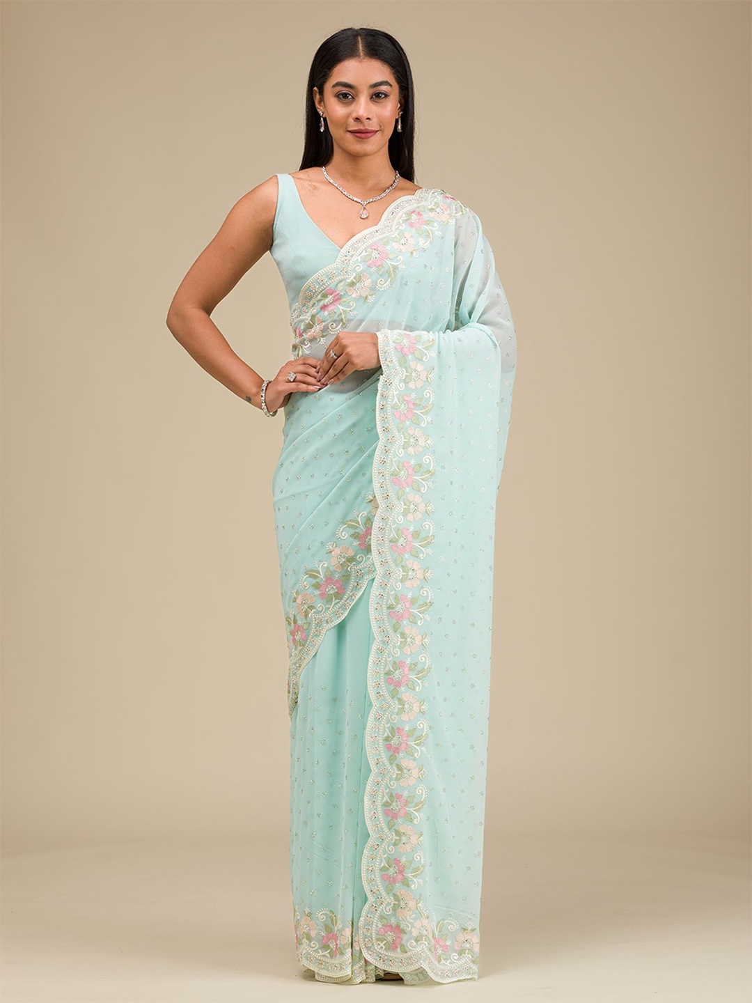 

Koskii Floral Sequinned Pure Georgette Saree, Blue