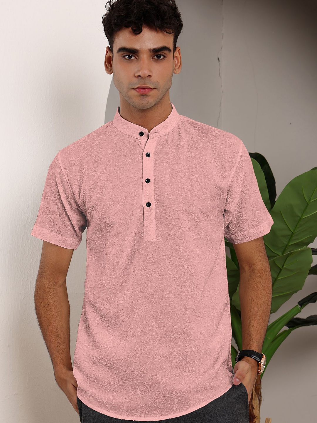 

Wuxi Men Relaxed Band Collar Textured Polycotton Casual Shirt, Peach