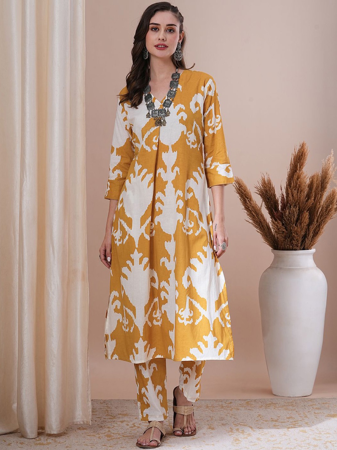 

FASHOR Printed Pure Cotton Tunic With Trousers, Mustard