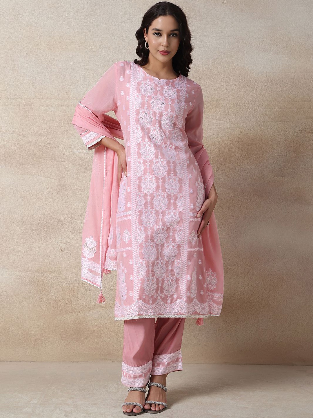 

Rang by Indya Ethnic Motifs Embroidered Straight Kurta with Trousers & Dupatta, Pink