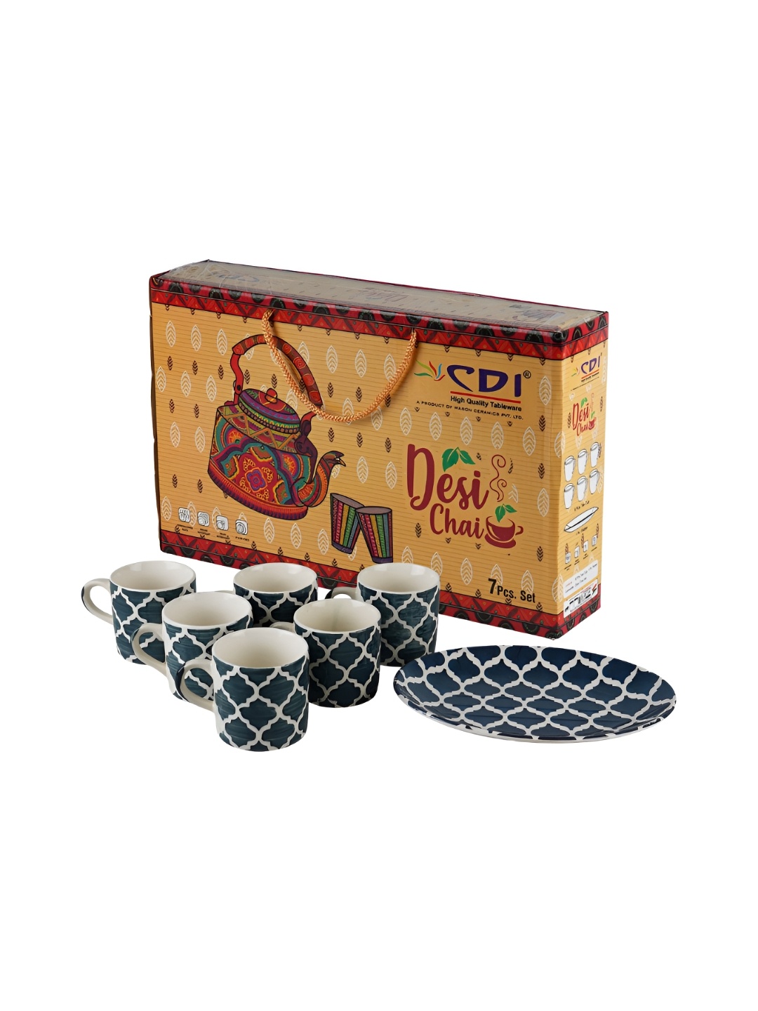 

Aura Blue 6 Pieces Printed Ceramic Glossy Mugs With Tray & Gift Hamper Box