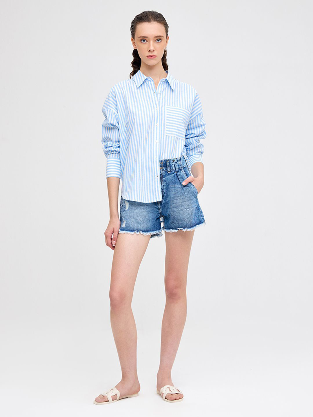 

COVER STORY Women Spread Collar Horizontal Striped Cotton Casual Shirt, Blue