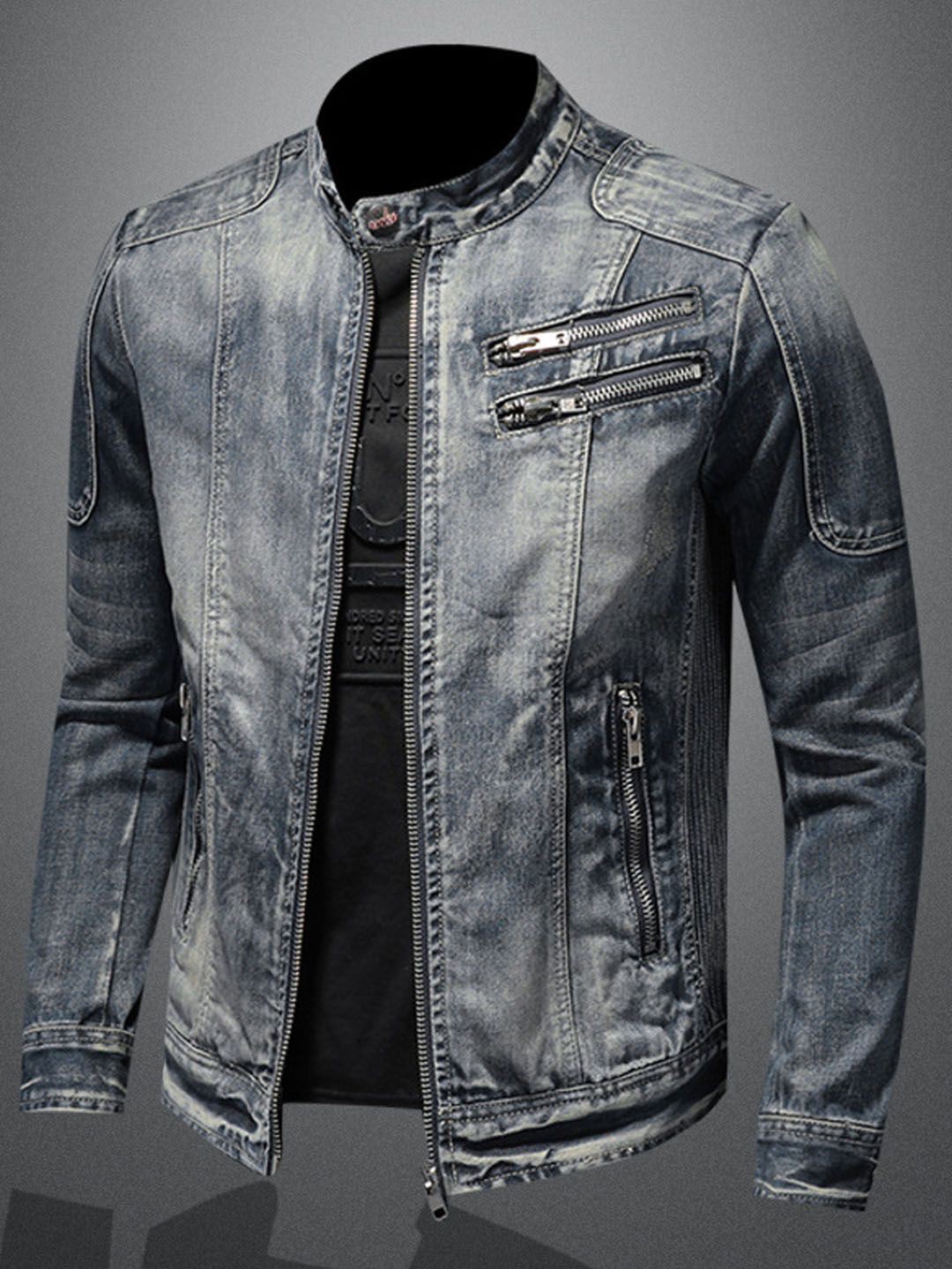 

StyleCast Men Washed Printed without Longline Denim Jacket with Patchwork, Grey
