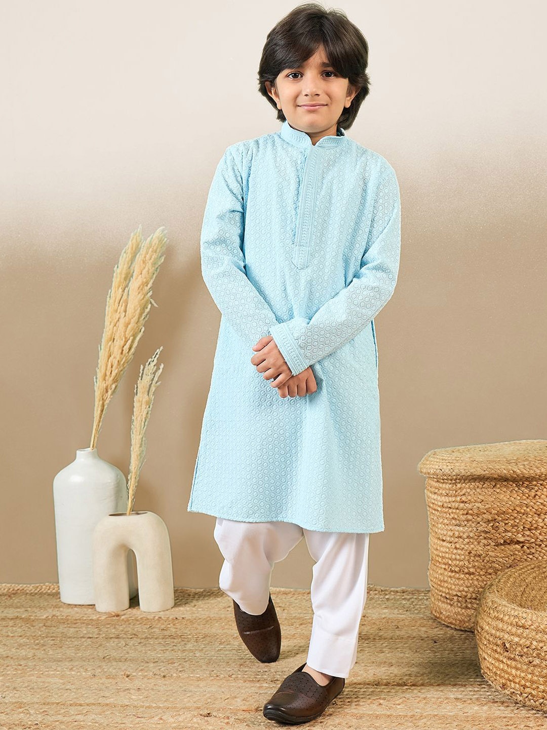 

Here&Now X Sanwara Boys Floral Embroidered Chikankari Cotton Straight Kurta with Patiala, Blue