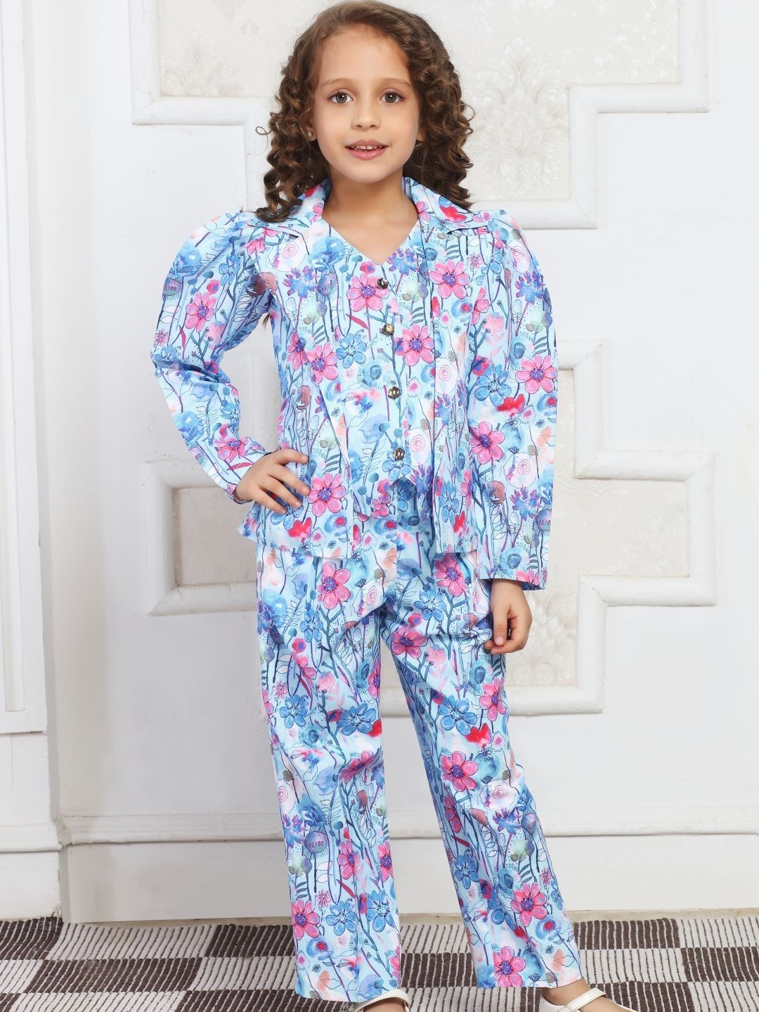 

Lei-Chie Girls Floral Printed Notched Lapel Collar Linen Blazer and Waistcoat with Trouser, Blue