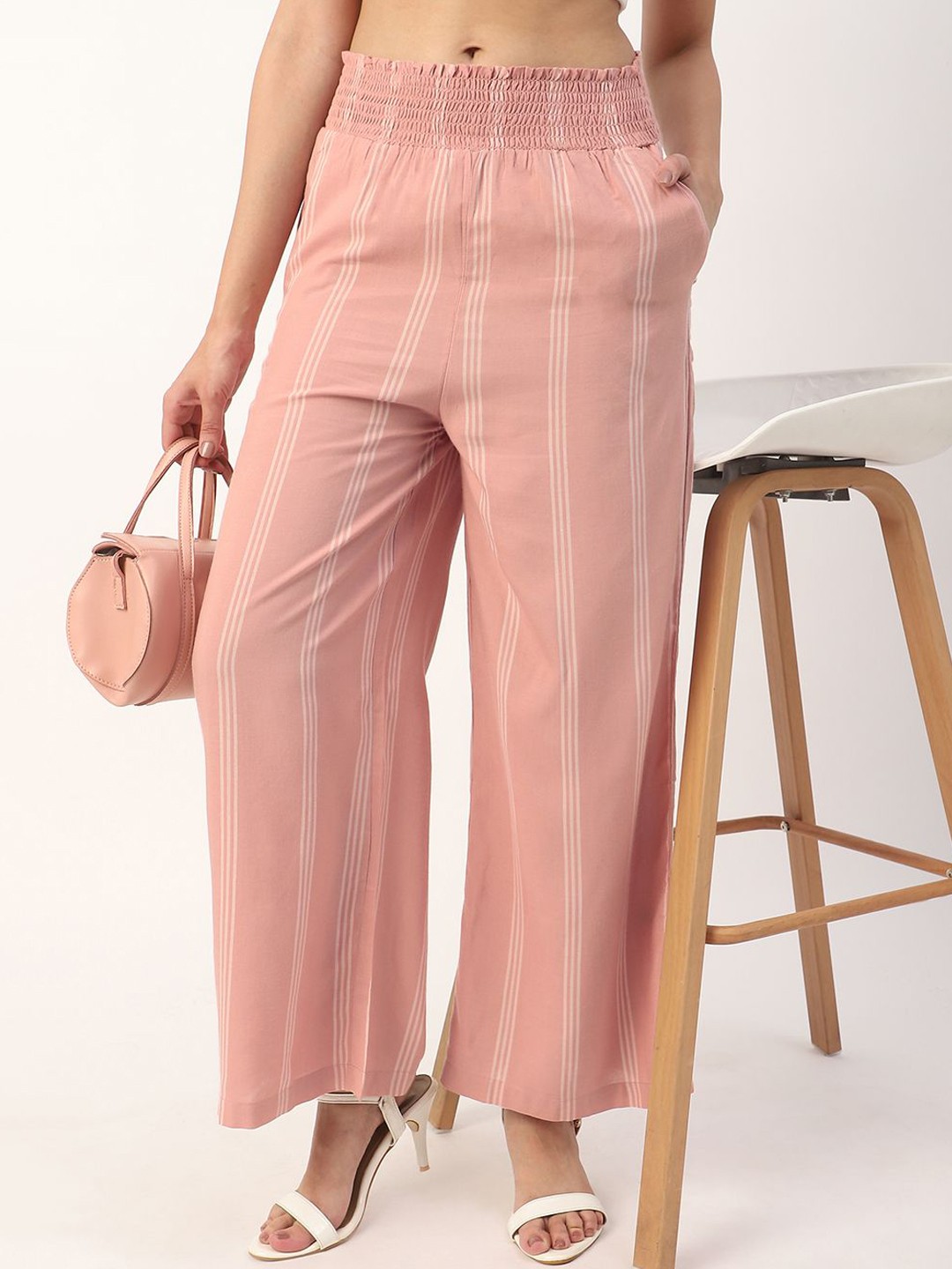 

Mystere Paris Women Striped Mid- Rise Trousers, Peach