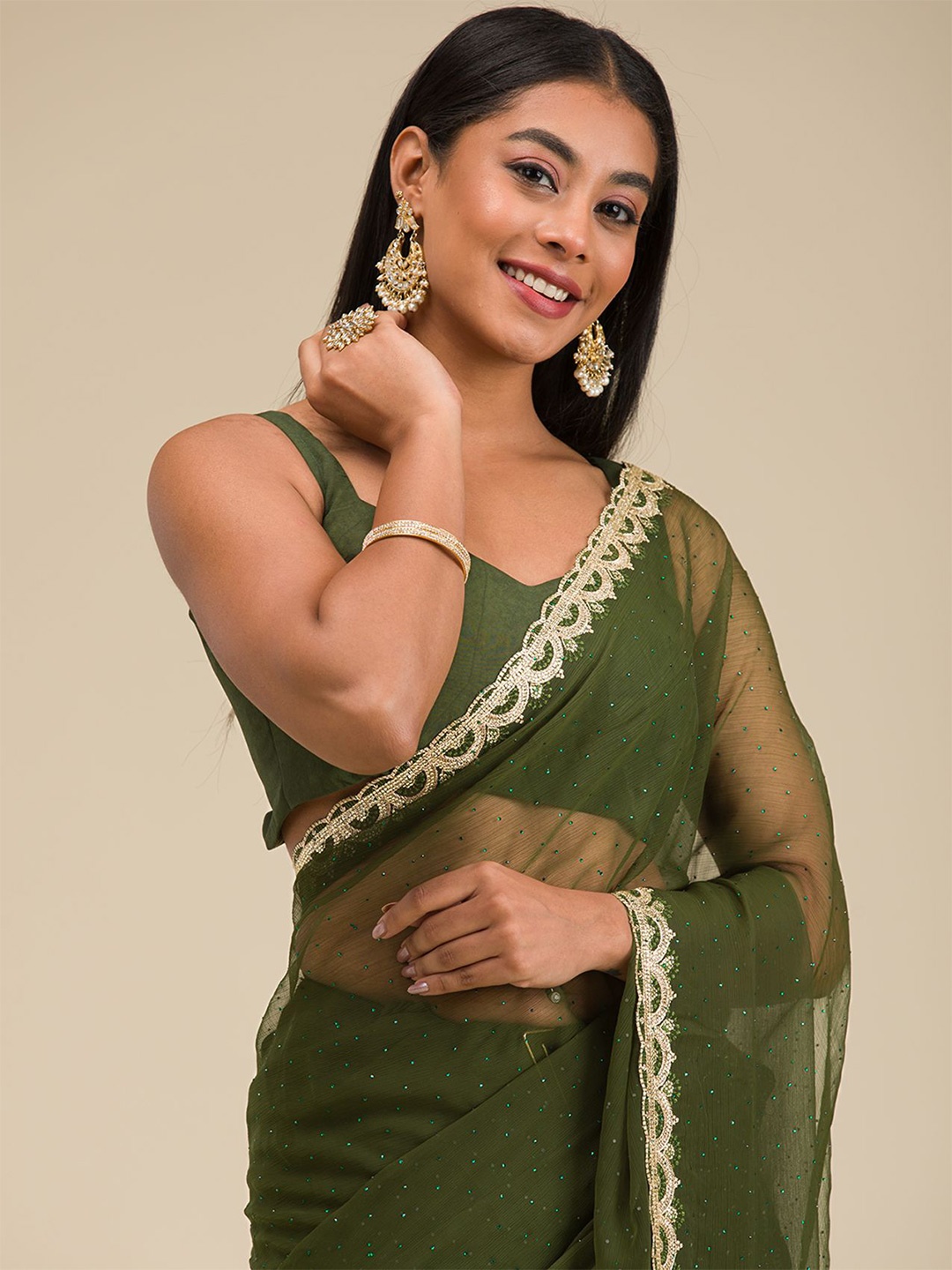 

Koskii Beads and Stones Embellished Saree, Green