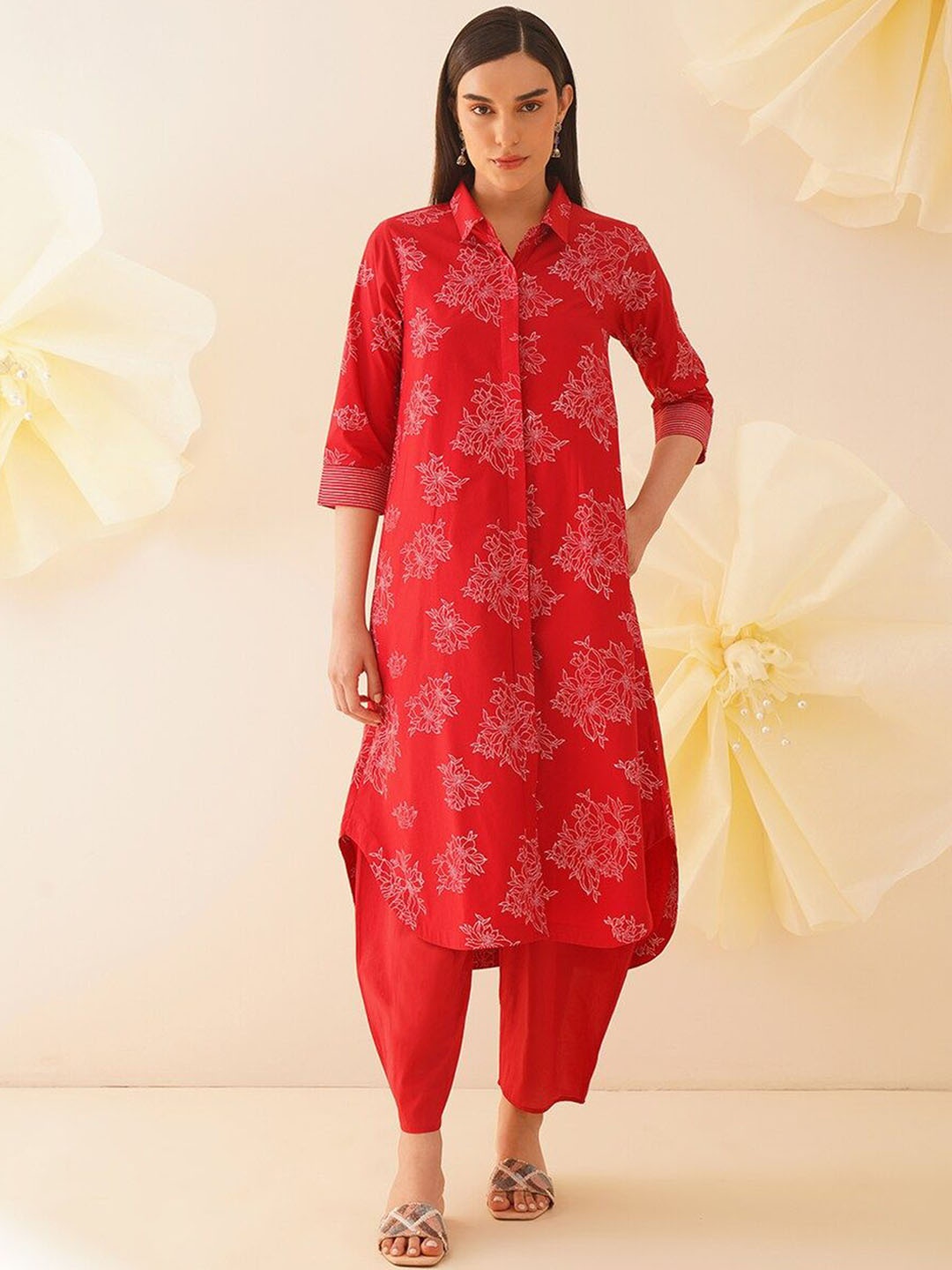 

JAYPORE Floral Printed Shirt Collar A Line Kurta, Red