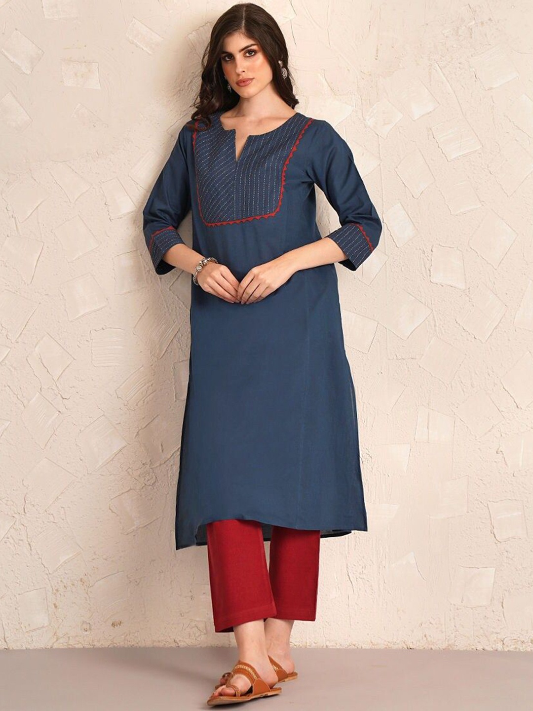 

JAYPORE Striped Notch Neck Pure Cotton A-Line Kurta, Navy blue