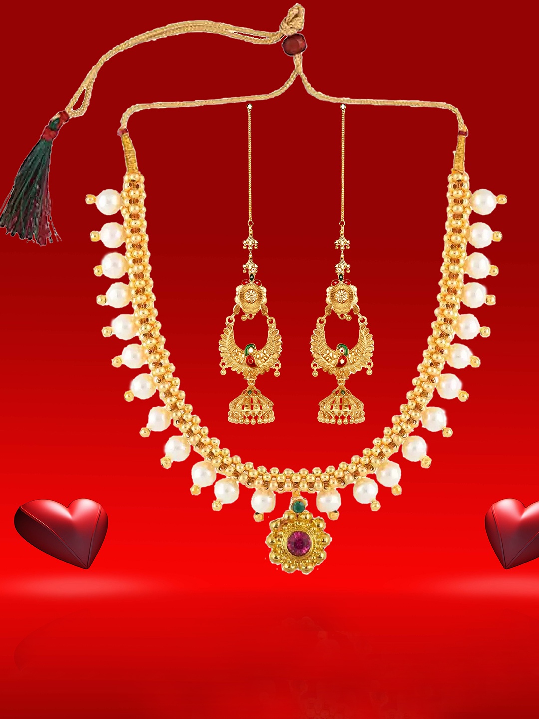 

Heer Collection Gold-Plated Stone-Studded Beaded Jewellery Set