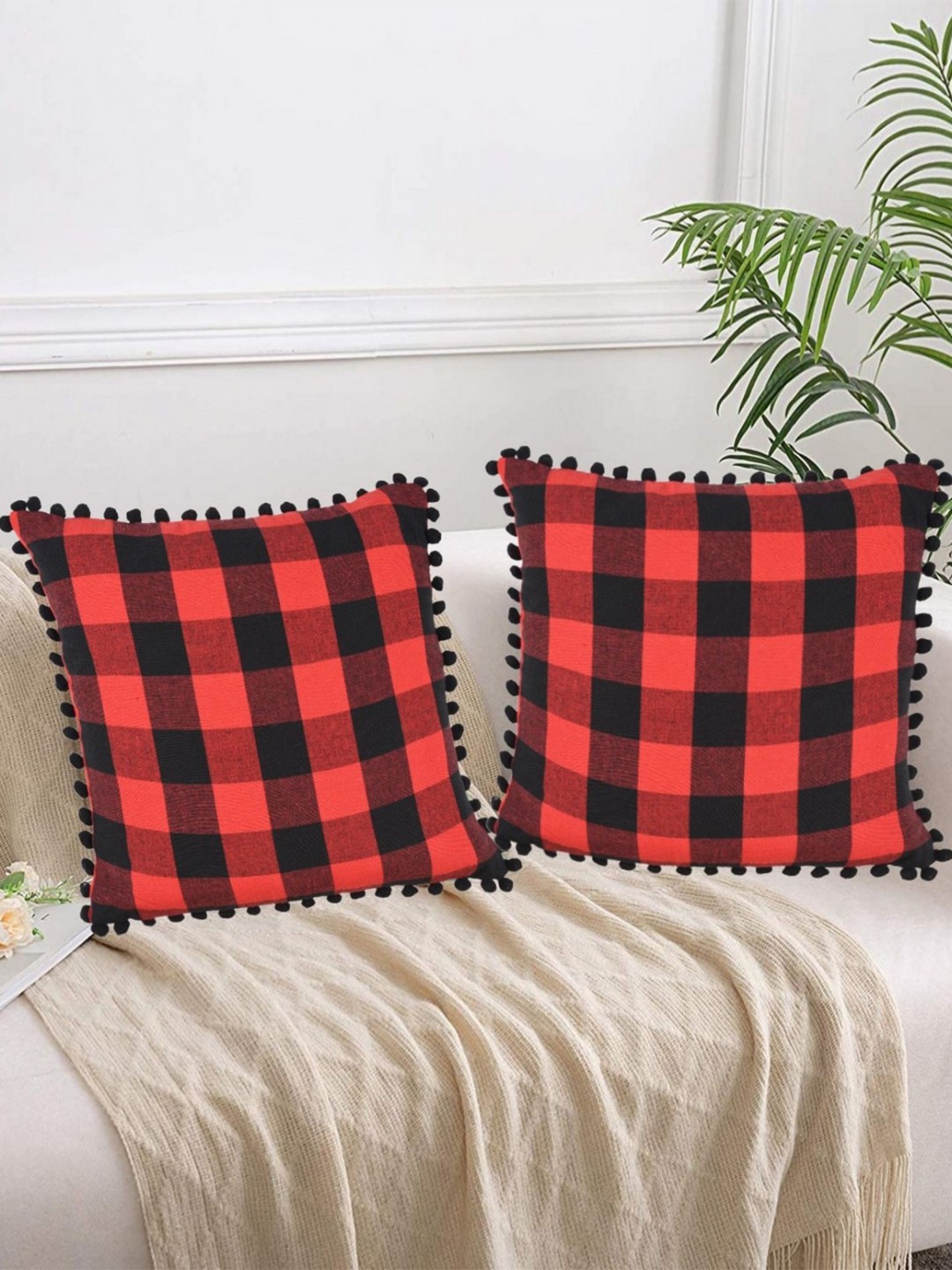 

Lushomes Red & Black 2 Pieces Checked Cotton Square Cushion Covers