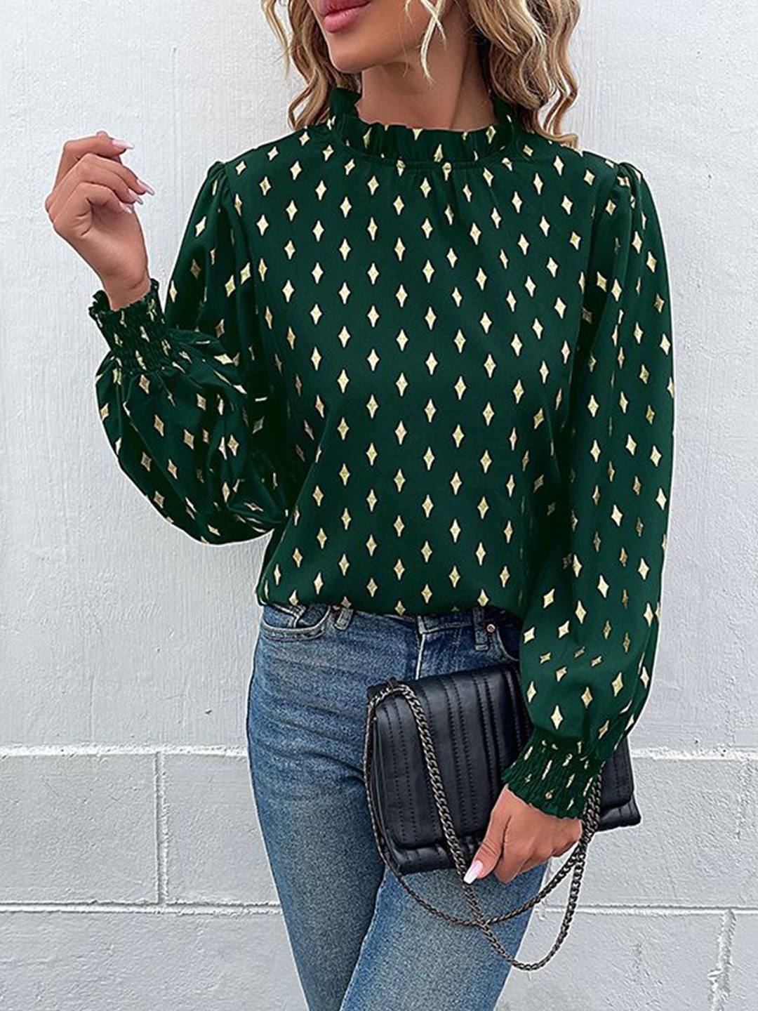 

HERE&NOW Women Conversational Printed High Neck Top, Green