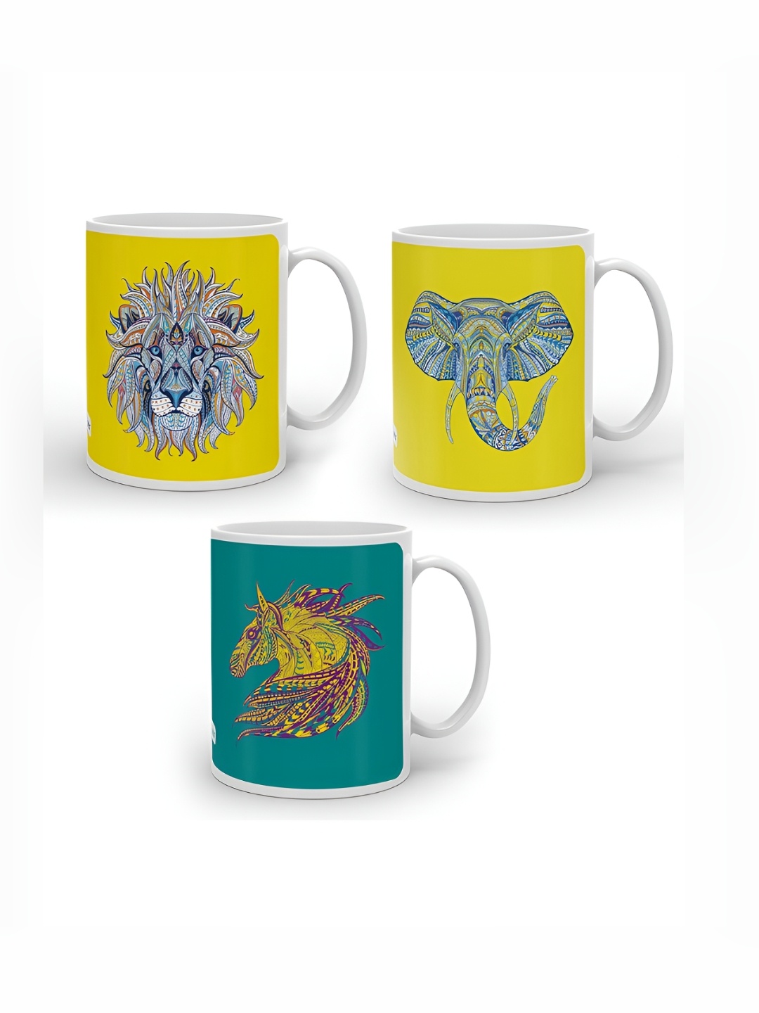 

Indigifts Green & Yellow 3 Pieces Printed Ceramic Matte Mugs 325 ml
