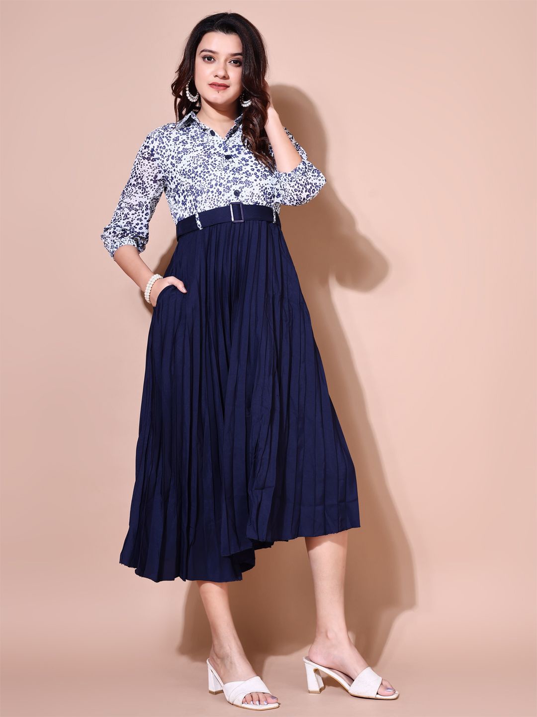

SHINISHA Floral Print Crepe Fit & Flare Midi Dress, Navy blue