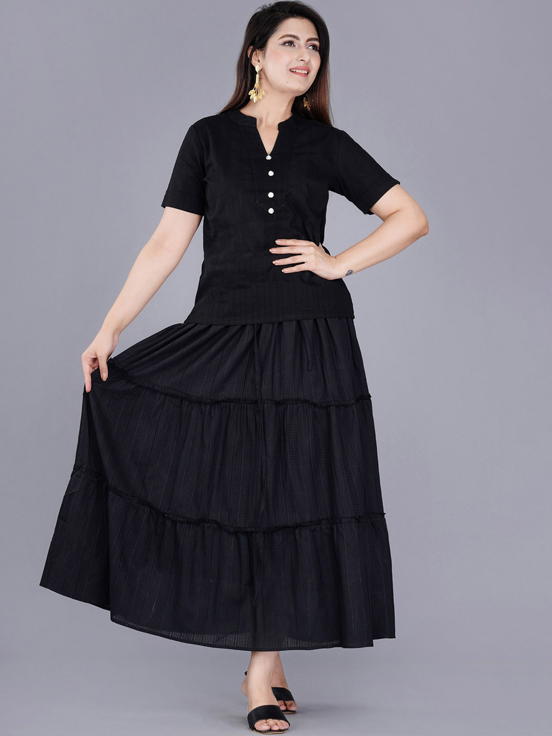 

Cloth Bites Mandarin Collar Pure Cotton Top With Skirt Co-Ords, Black