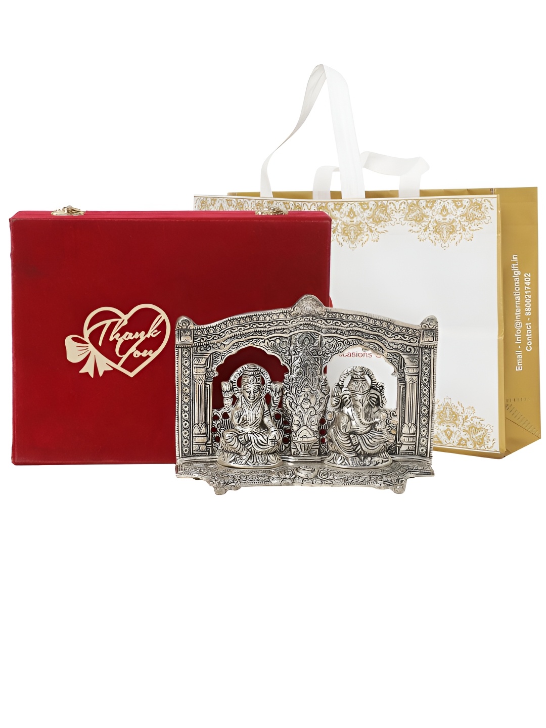 

INTERNATIONAL GIFT Silver-Toned Lakshmi Ganesh Idol with Thank You Tag & Velvet Box