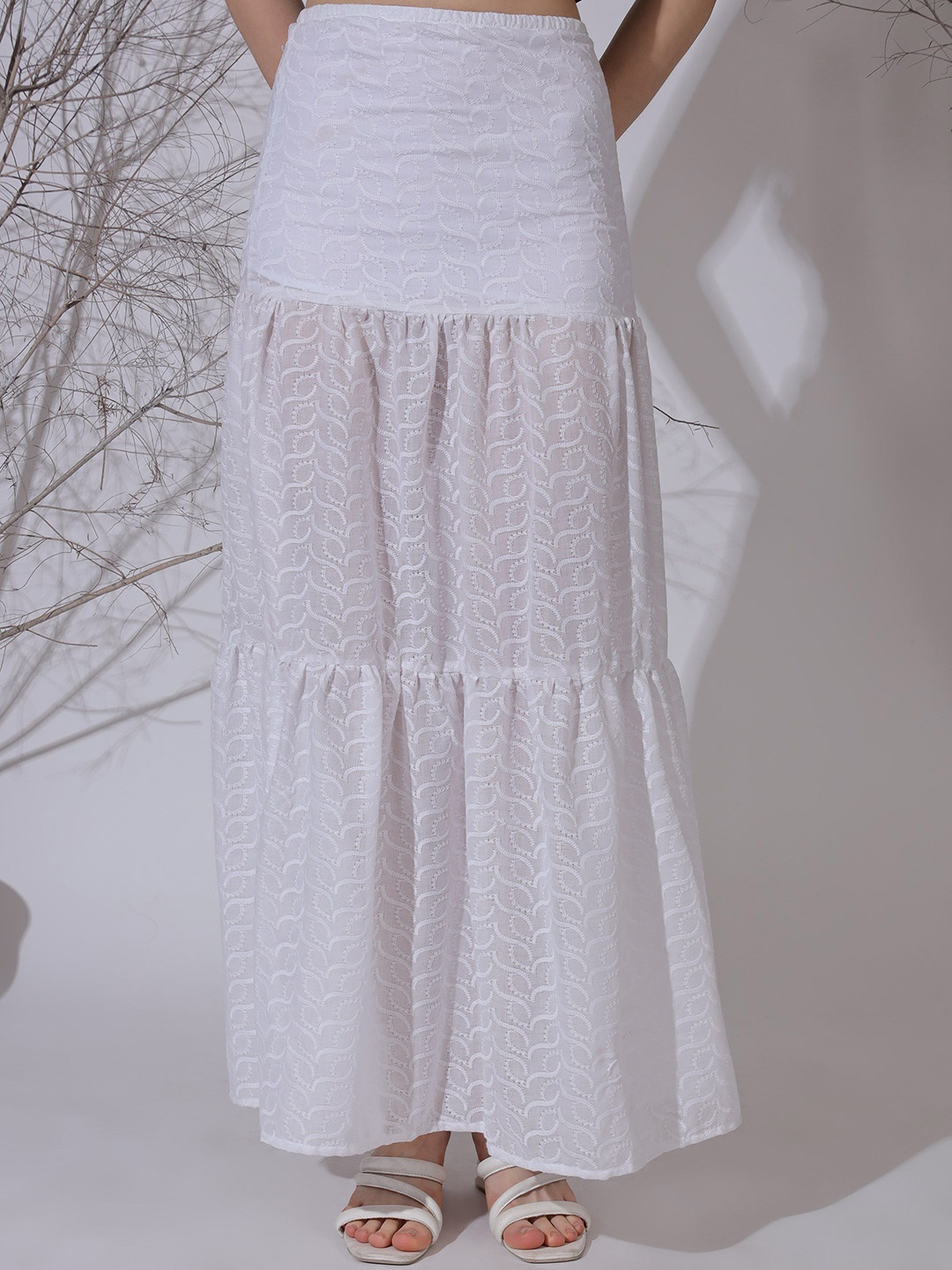 

NEUDIS Women Self-Design Tiered Maxi Skirts, White