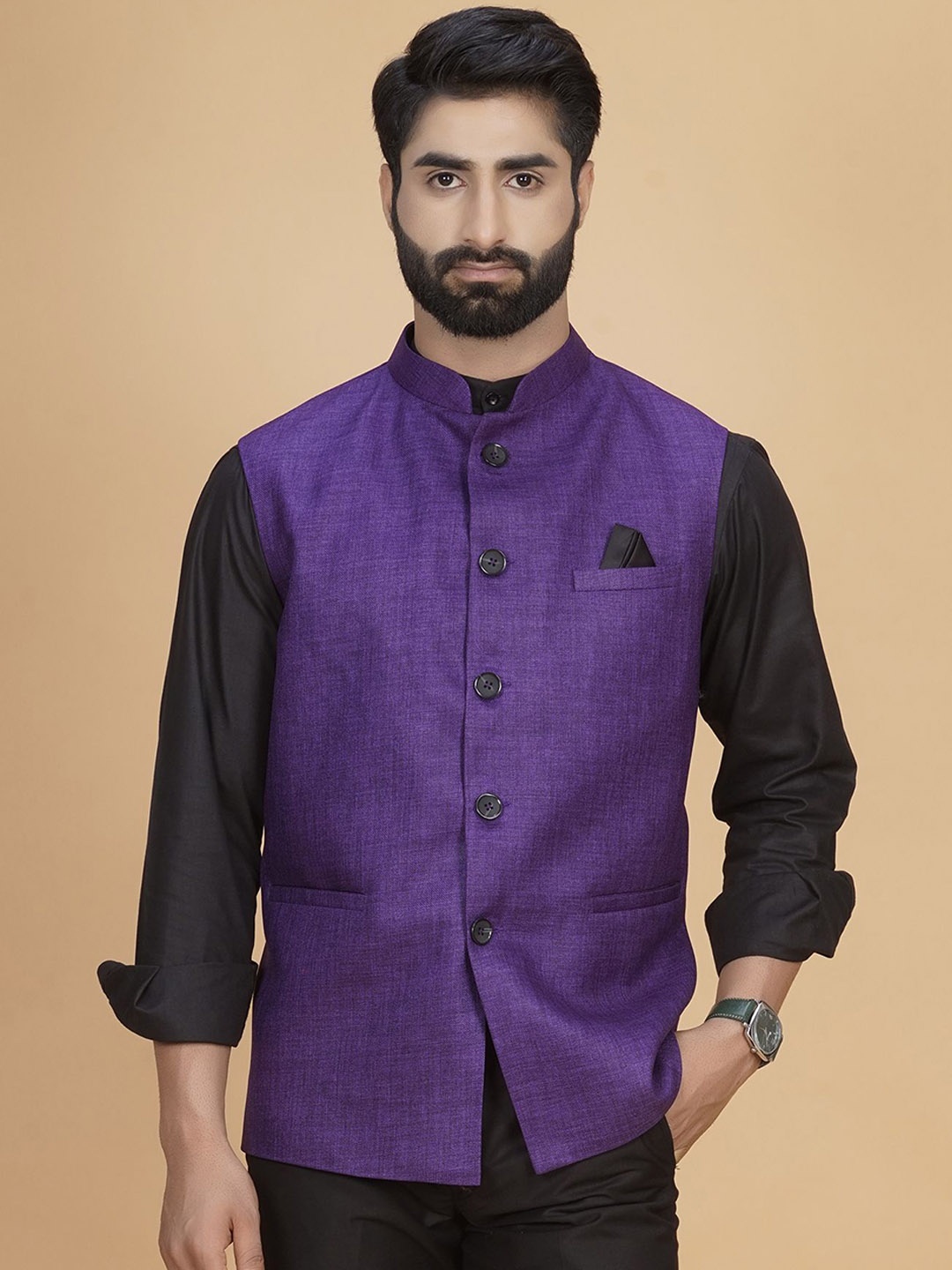 

LA'SCOOT Mandarin Collar Linen Nehru Jacket, Purple