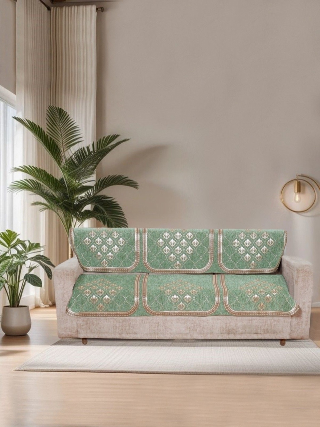 

MORADO Green & Gold-Toned 6 Pieces Embroidered Velvet Sofa Cover With Arms