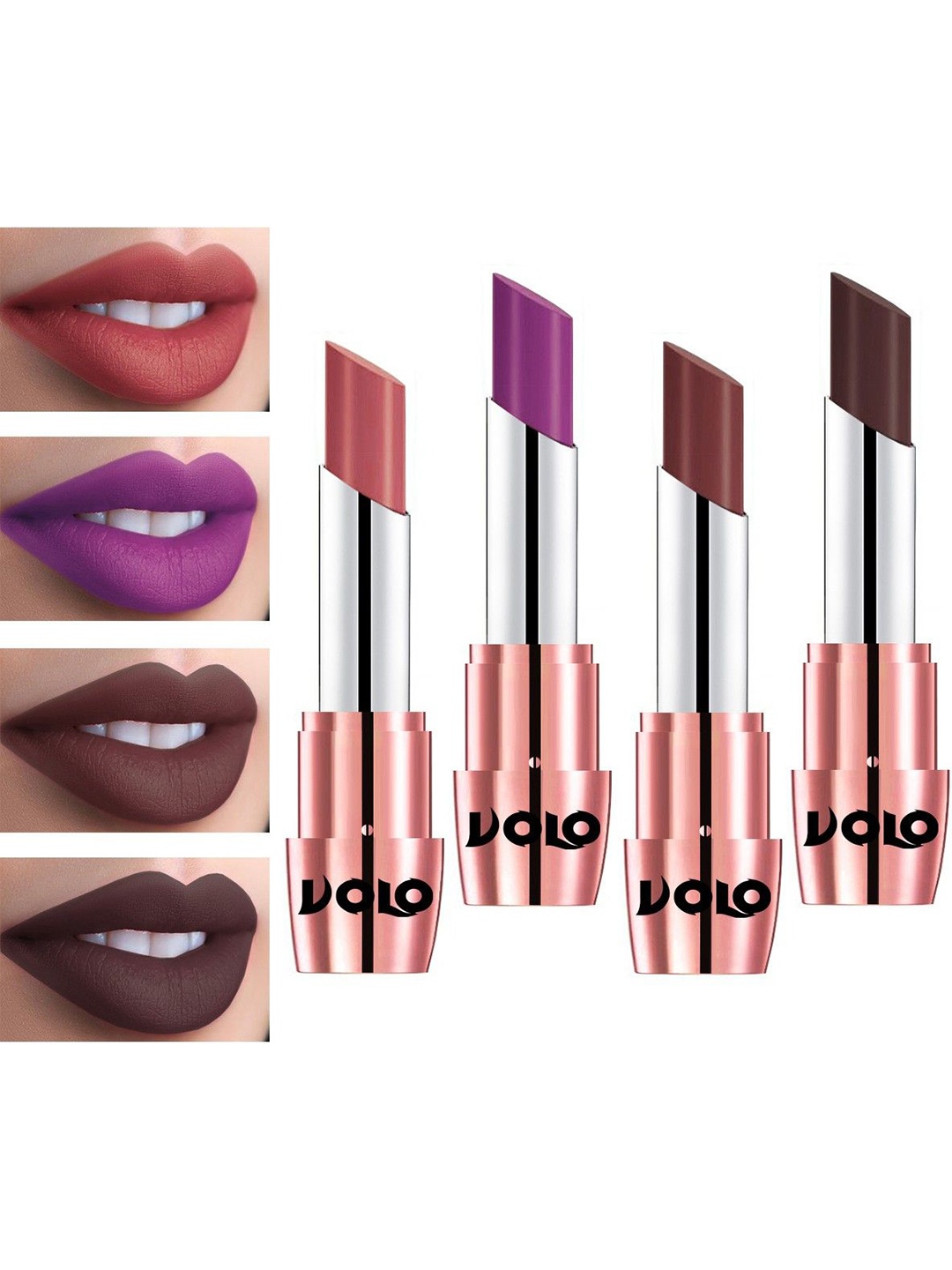 

VOLO Set Of 4 Creme Matte Lipstick - 3.5g Each - Purple-Light Peach-Coffee-Chocolate, Multi