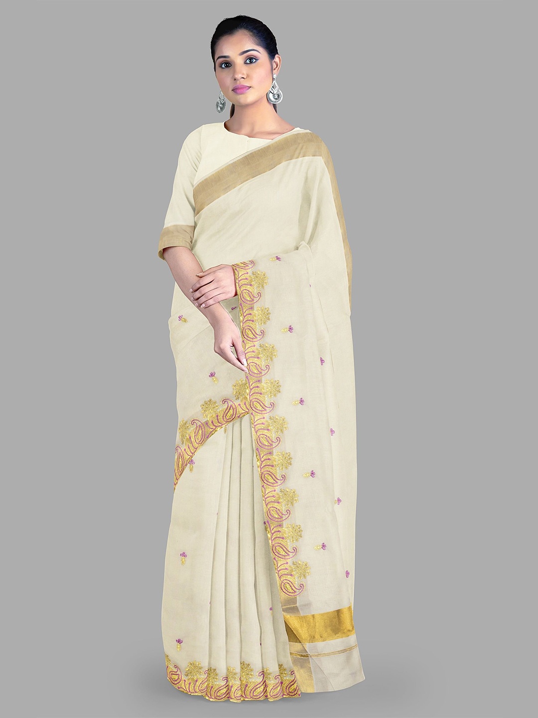 

The Chennai Silks Floral Pure Cotton Kasavu Saree, Off white