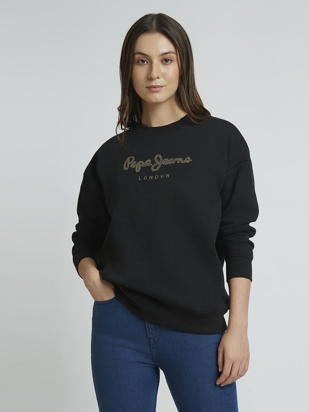 

Pepe Jeans Women Typography Printed Round Neck Sweatshirt, Black