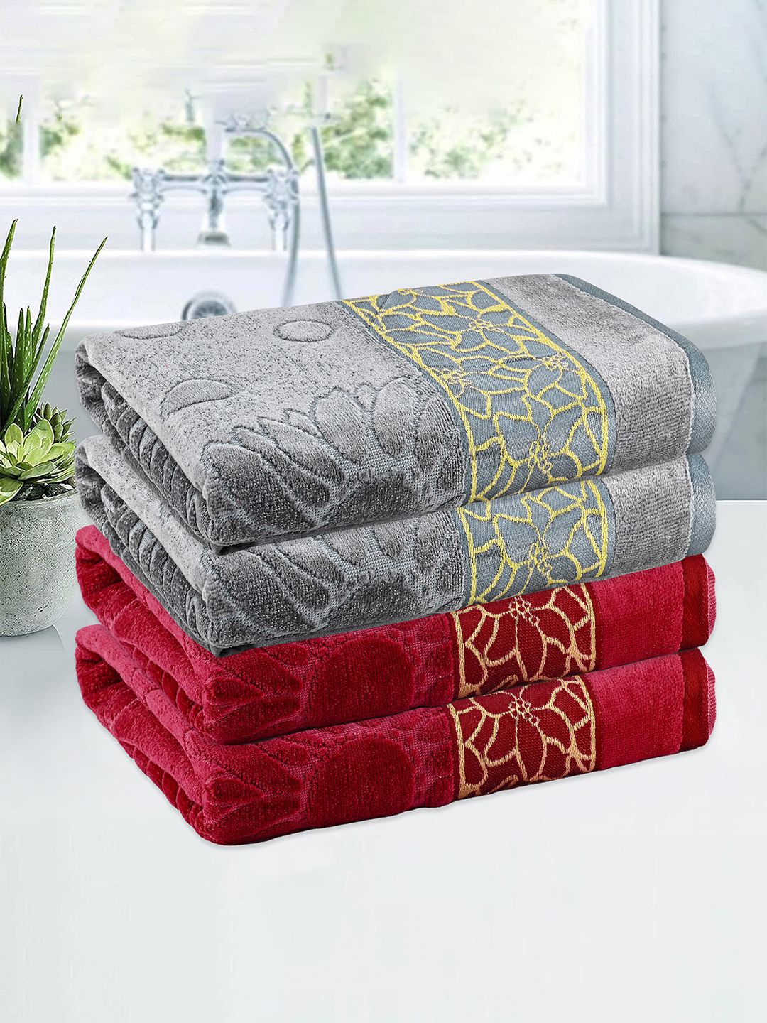 

Kuber Industries Maroon & Grey 4 Pieces Floral Textured Cotton 450 GSM Bath Towel