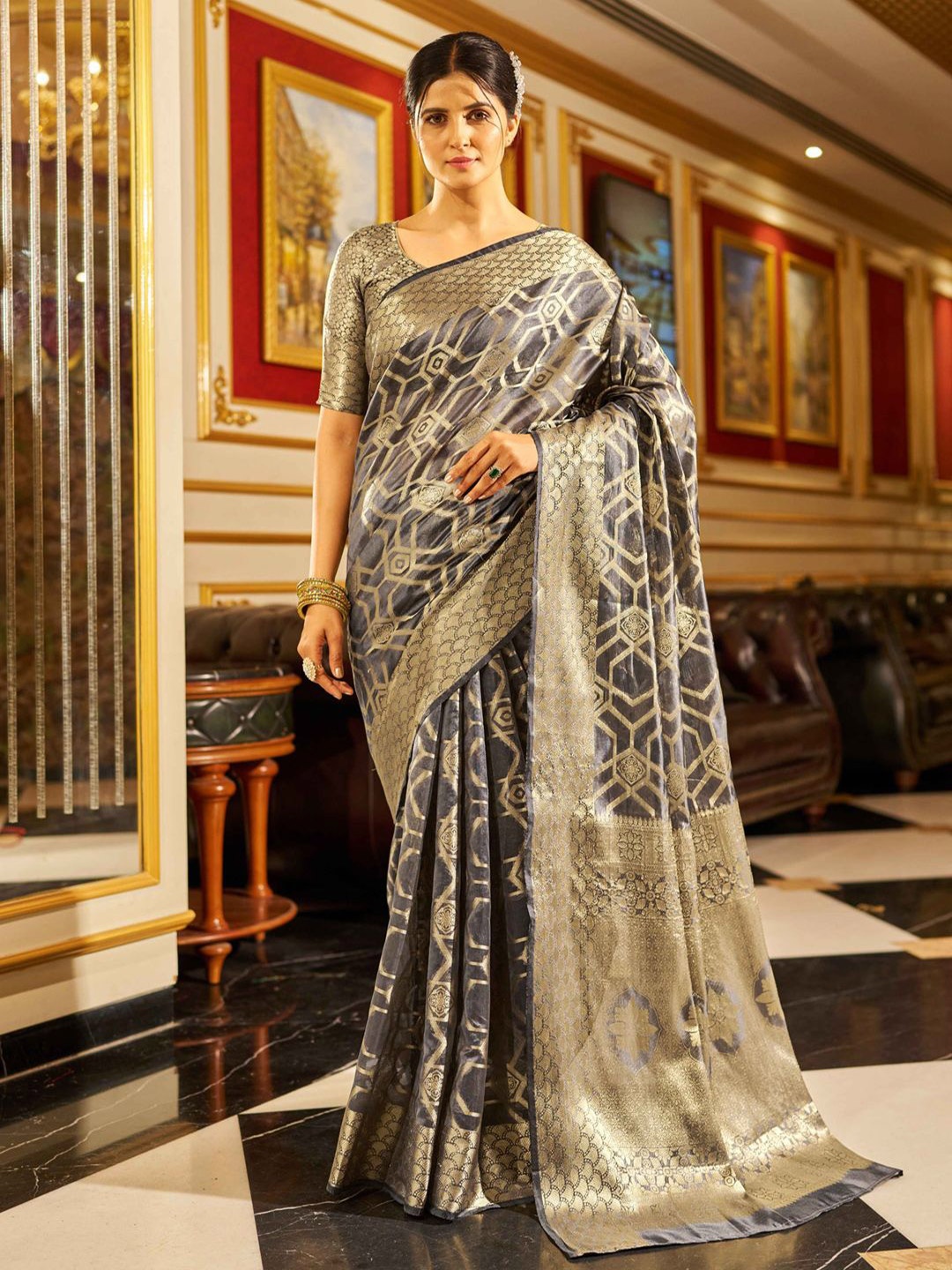 

Krimmple Woven Design Zari Organza Festive Saree, Grey