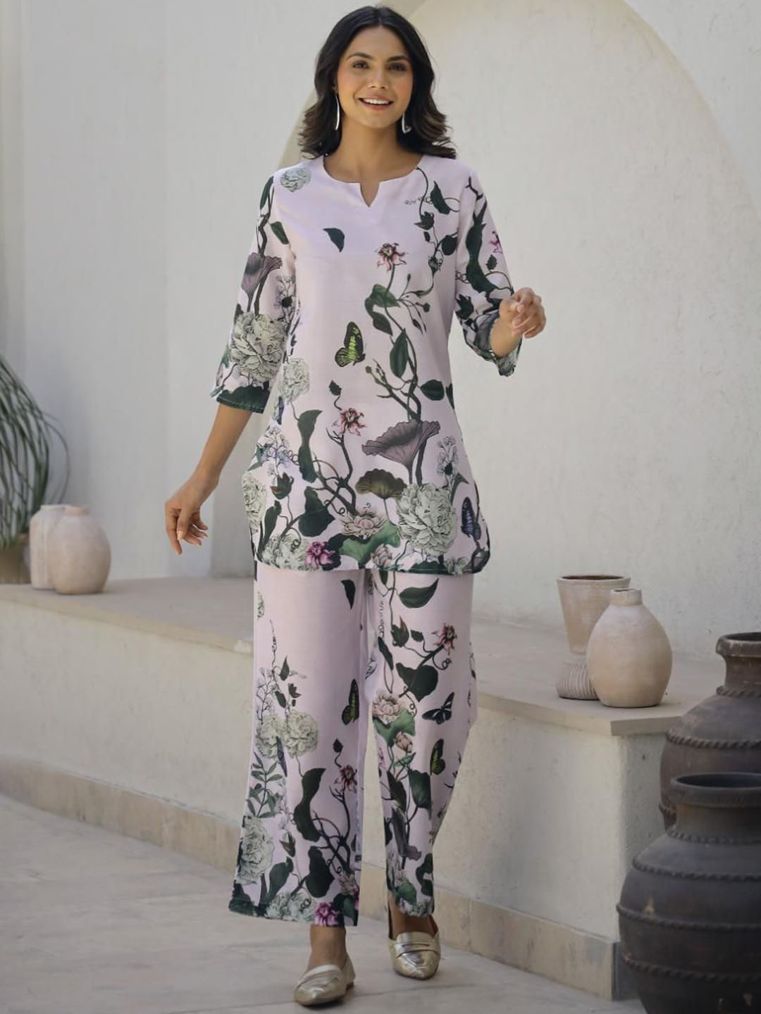 

FLAVIA CREATION Printed Notch Neck Pure Cotton Tunic With Palazoo, White