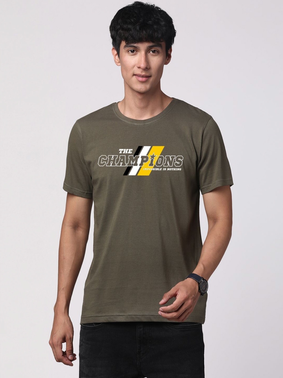 

ADRO Men Typography Printed Pure Cotton Round Neck T-shirt, Olive