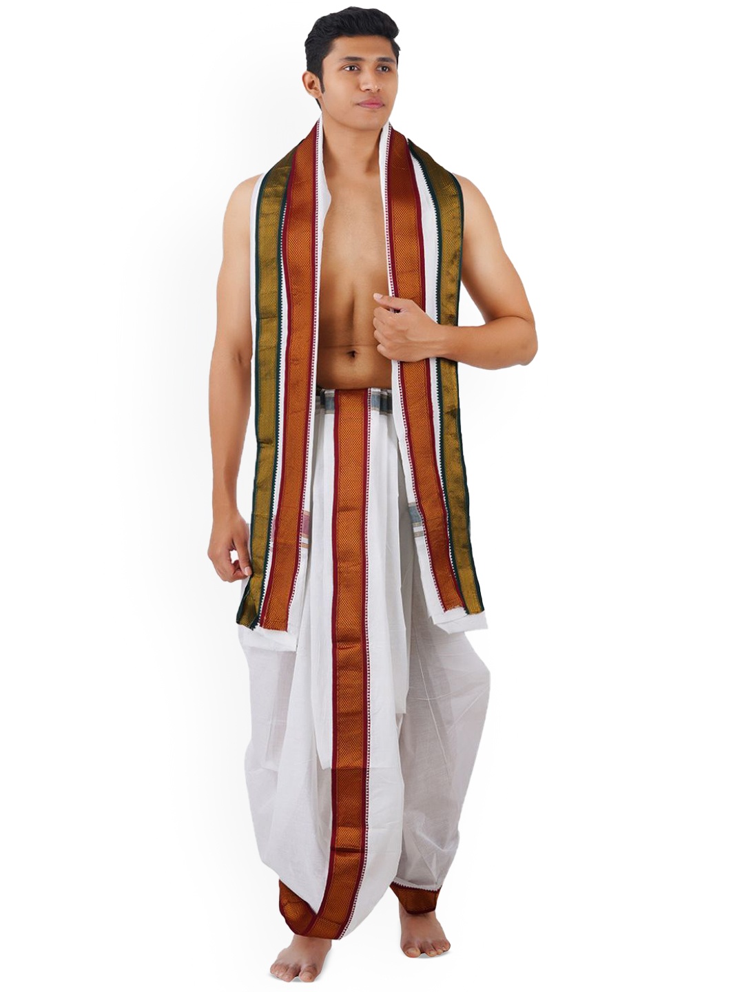 

Ethazh Men Cotton Dhoti & Angavasthram with Woven Zari Border, White