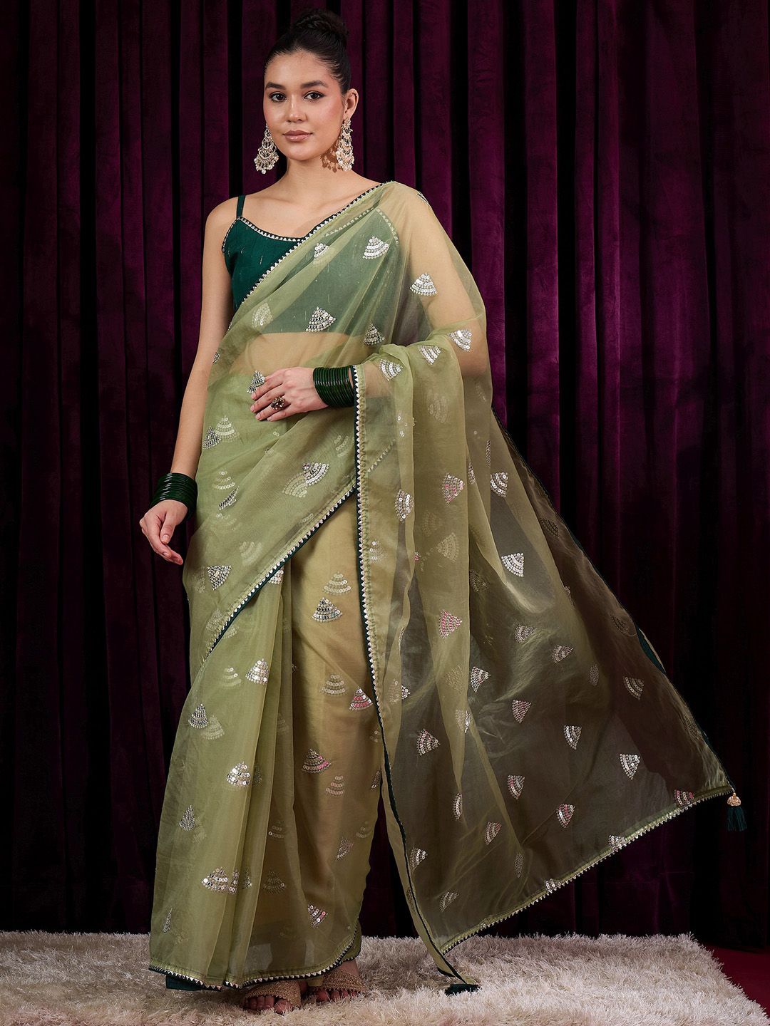 

Saree mall Embellished Sequinned Organza Sarees, Green