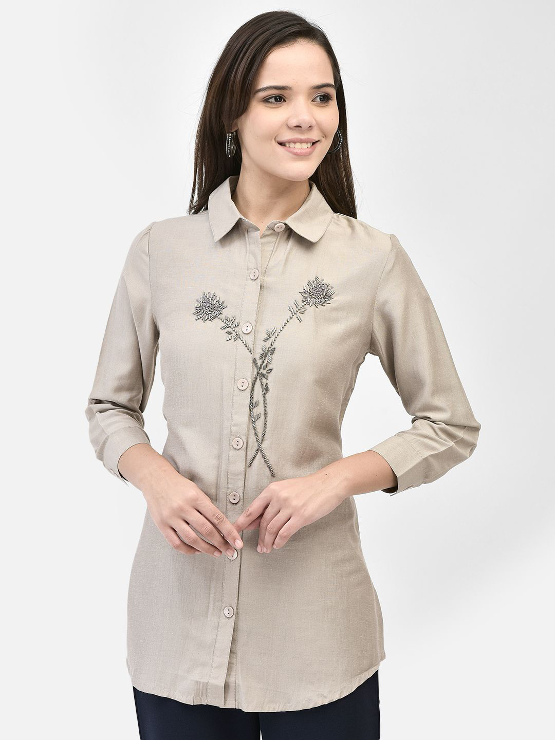 

FUTURO Women Floral Printed Shirt Collar Top, Grey
