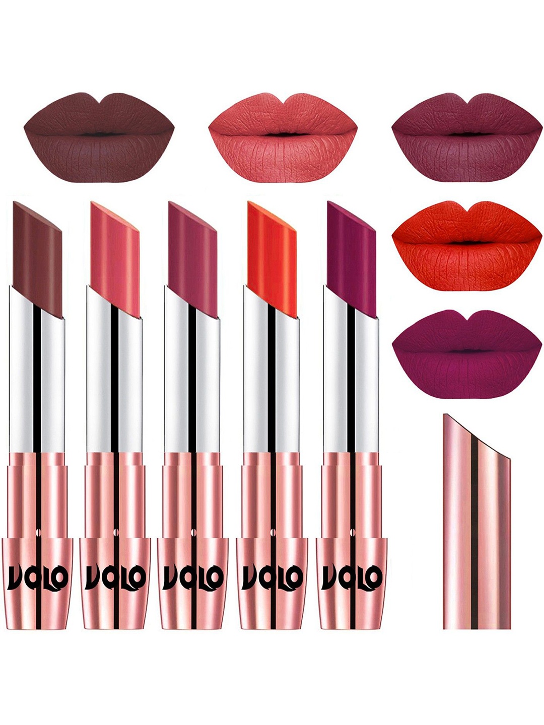 

VOLO Set Of 5 Creme Matte Lipstick-Coffee 34-Dark Peach37-Rose Pink 38-Coral 39-Magenta45, Brown