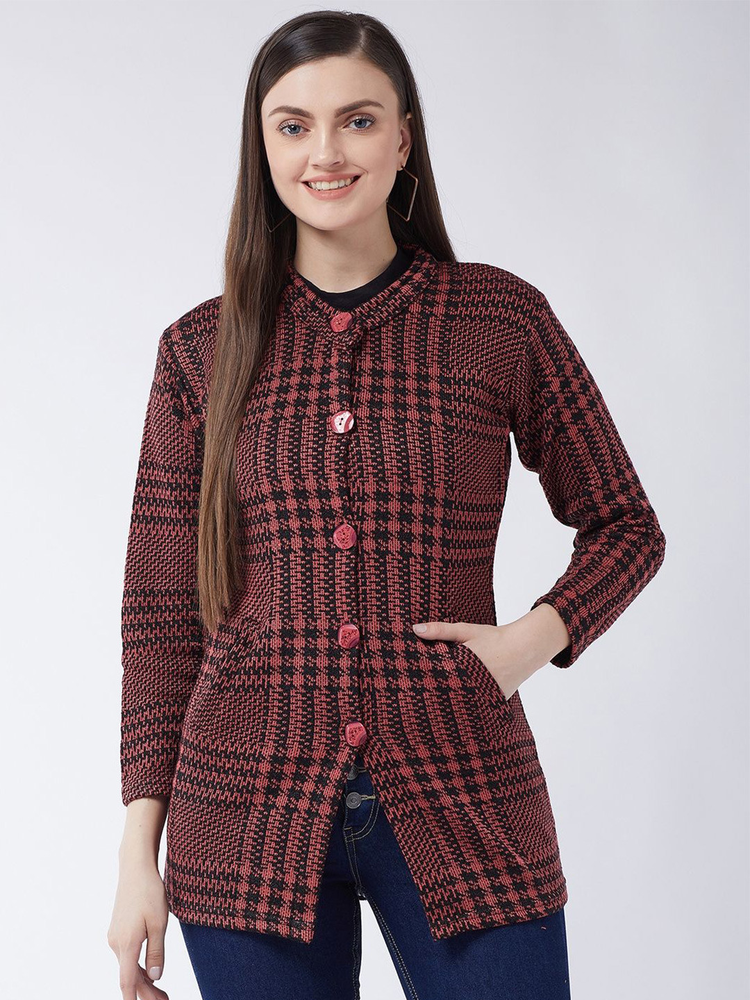 

PIVL Women Checked Printed Longline Cardigan Sweaters, Pink